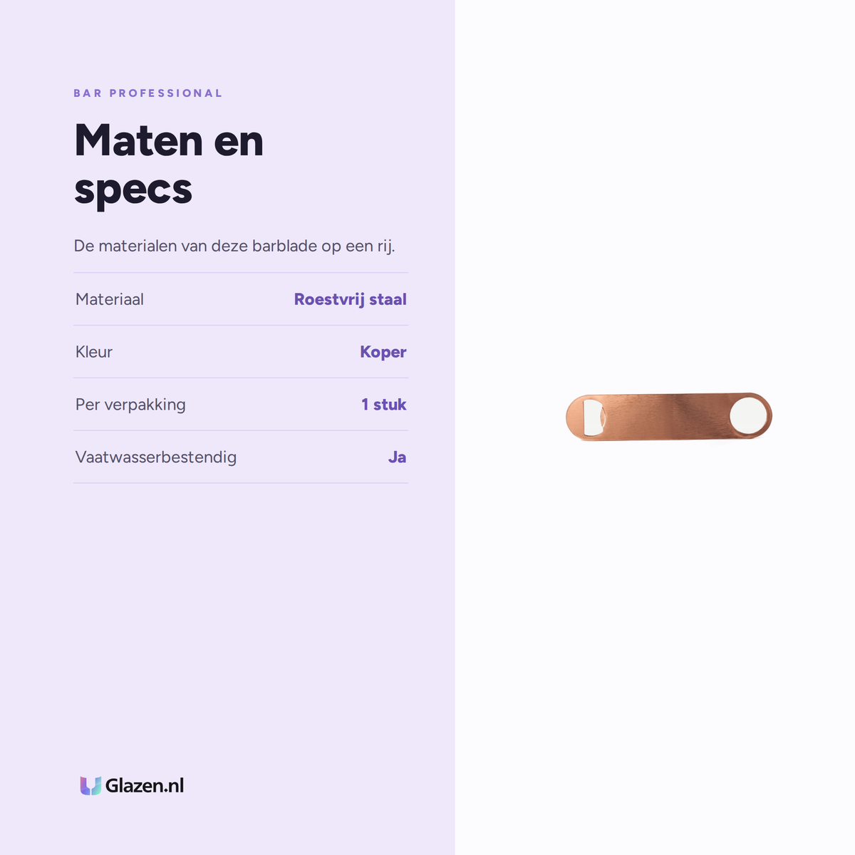 Infographic met de maten en specificaties van Bar Professional Barblade Flesopener Koper