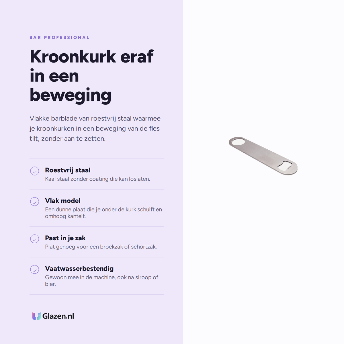 Infographic met de eigenschappen van Bar Professional Barblade Flesopener RVS