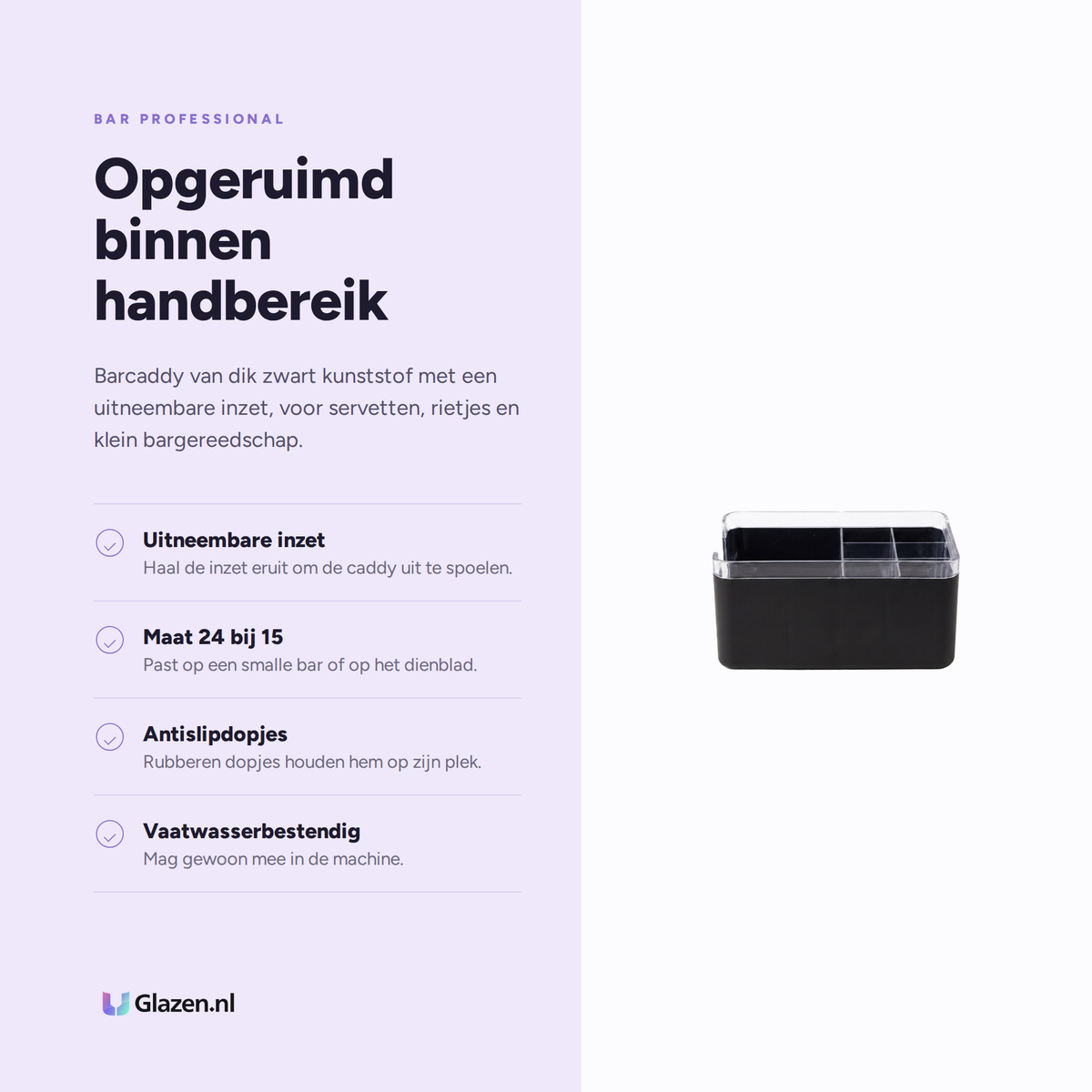 Infographic met de eigenschappen van Bar Professional Barcaddy Premium Kunststof Zwart 24 Cm