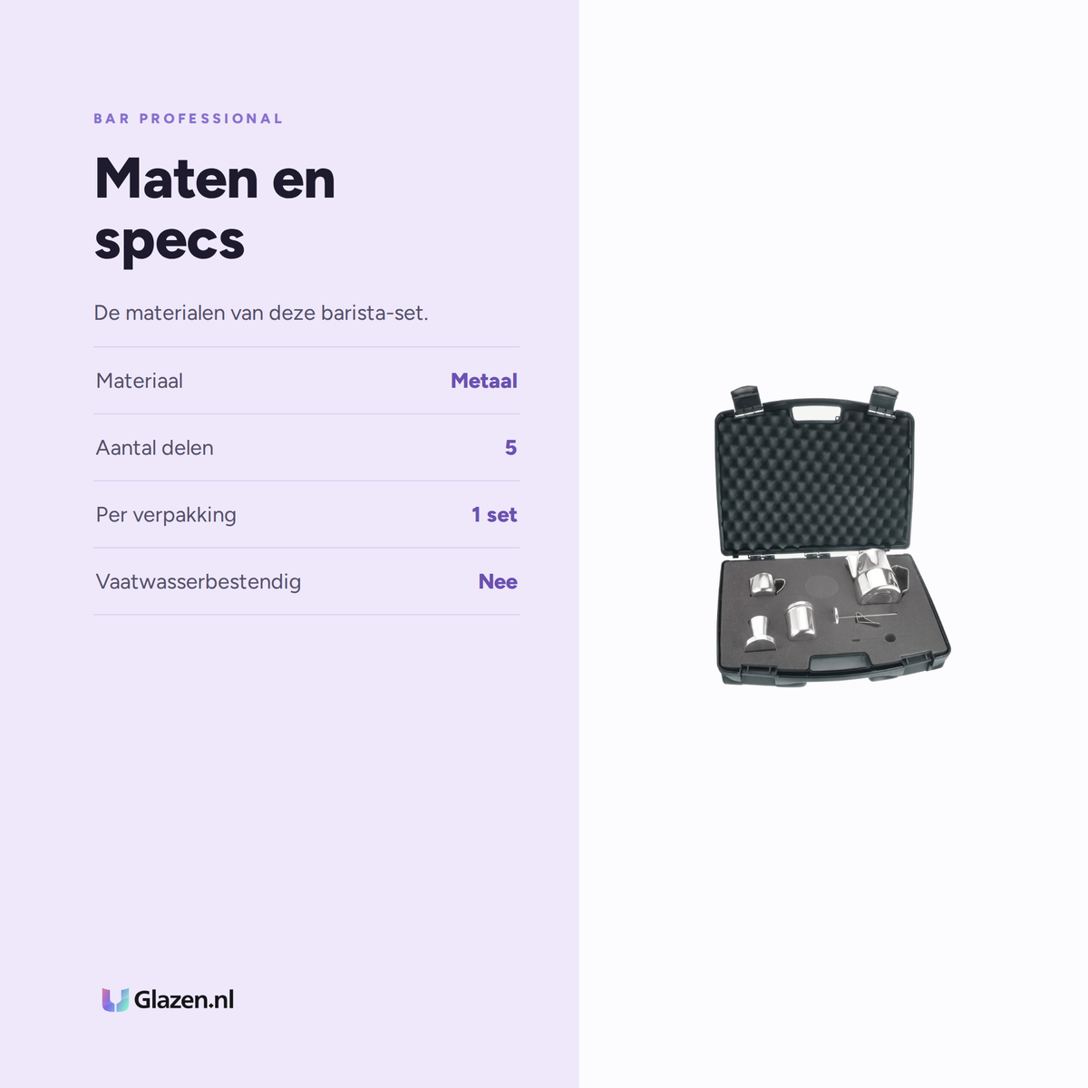 Infographic met de maten en specificaties van Bar Professional Barista Kit 5-Delig