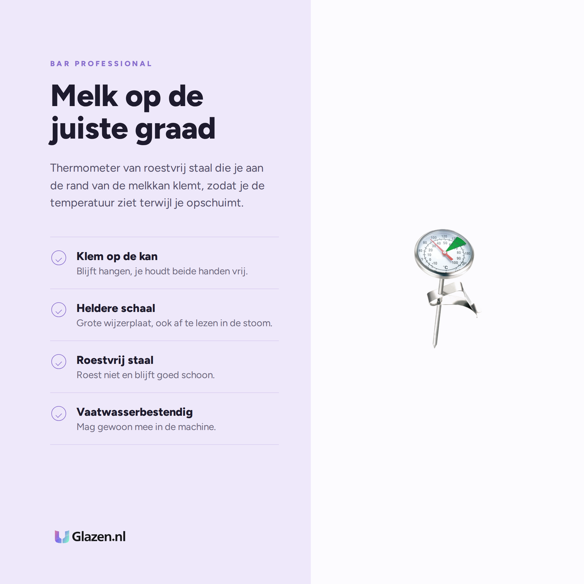 Infographic met de eigenschappen van Bar Professional Barista Thermometer RVS