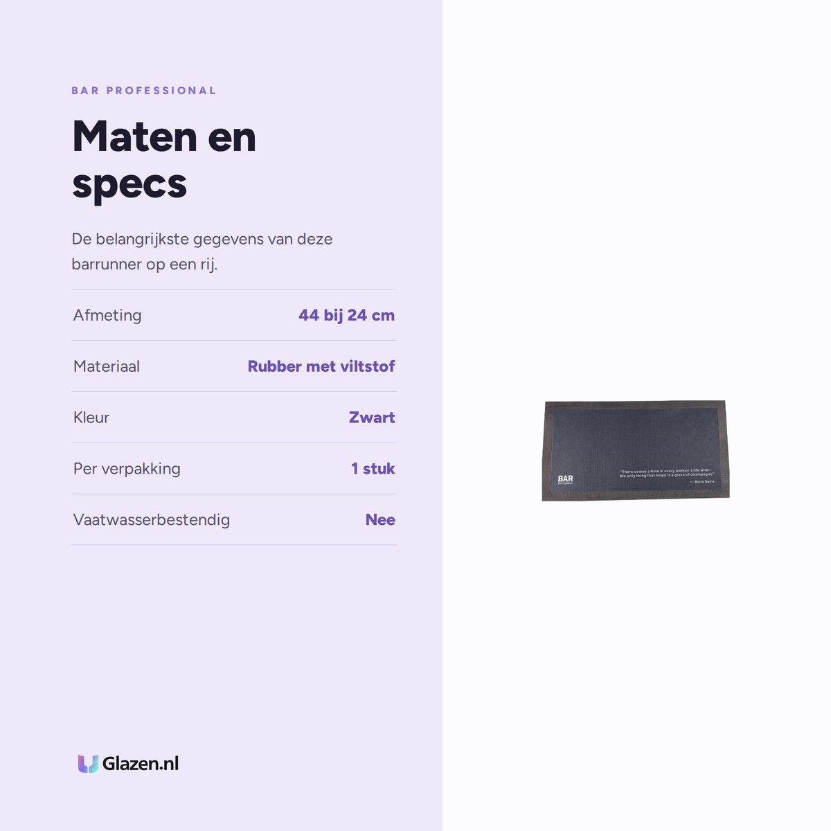 Maten en specificaties van Bar Professional Barrunner Barmat Zwart 44x24 cm