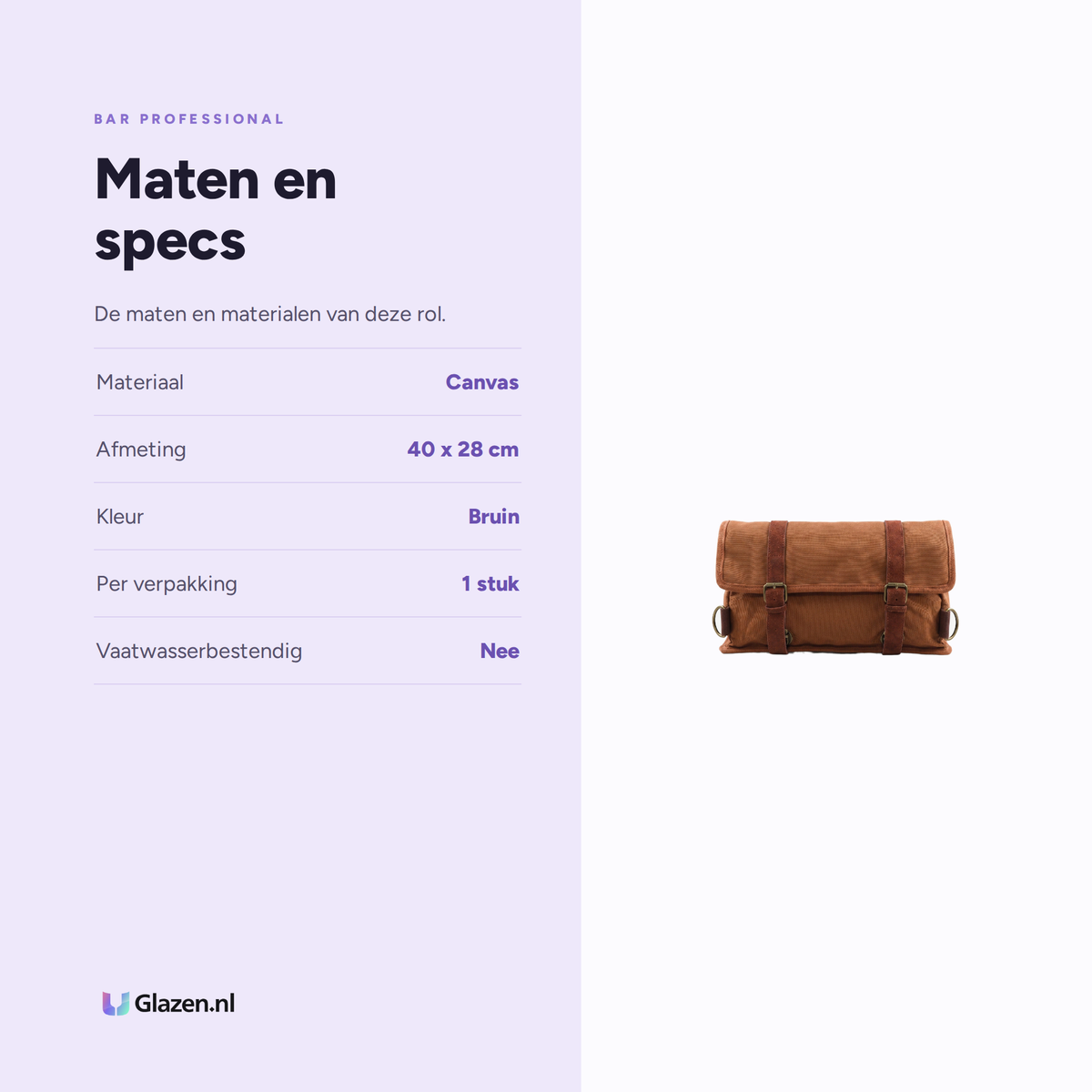 Infographic met de maten en specificaties van Bar Professional Bartenderroll Bruin 40x28 Cm