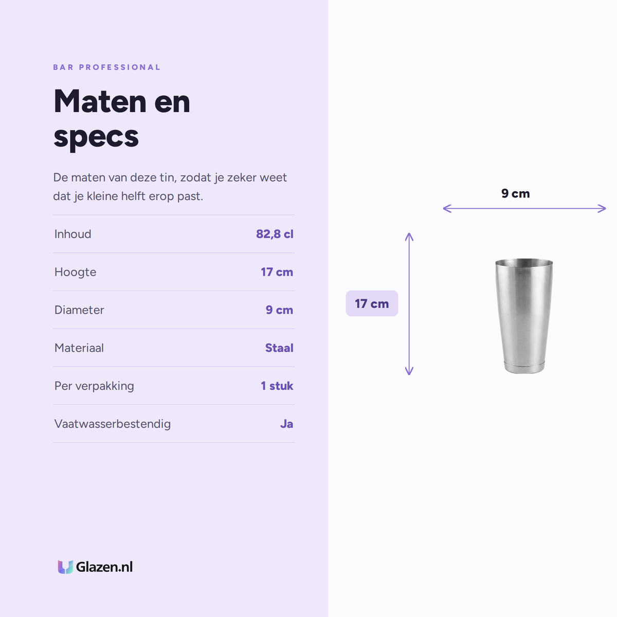 Maten en specs van de Bar Professional Boston Shaker Tin RVS 28 Oz