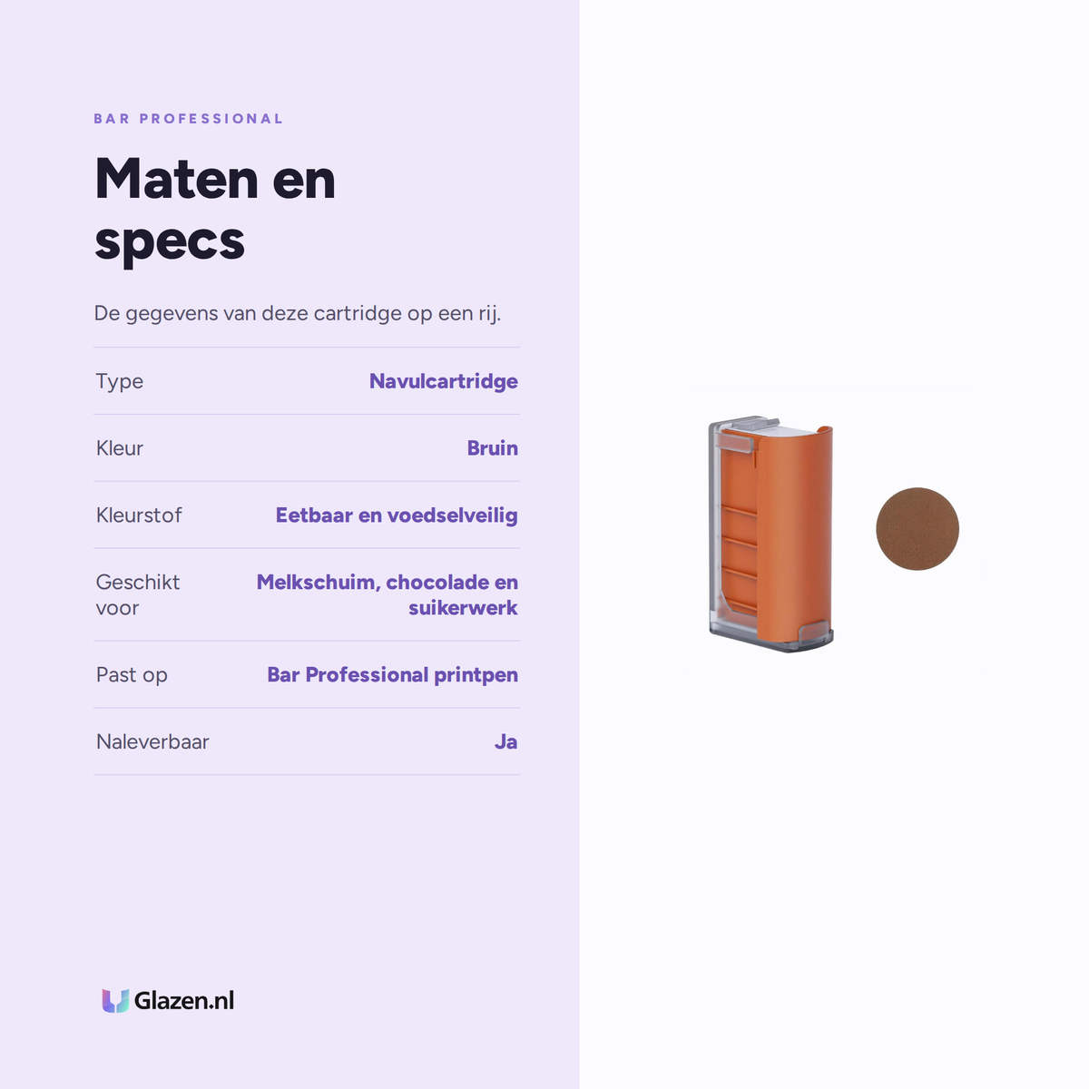 Maten en specificaties van de bruine cartridge voor de Bar Professional printpen