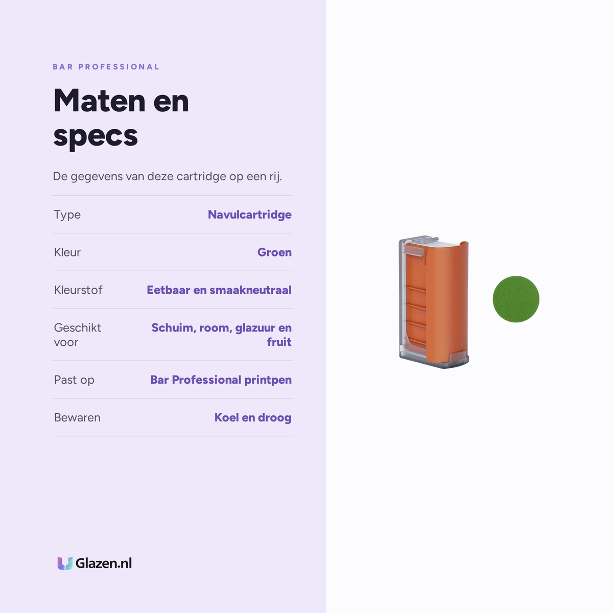 Maten en specificaties van de groene cartridge voor de Bar Professional printpen