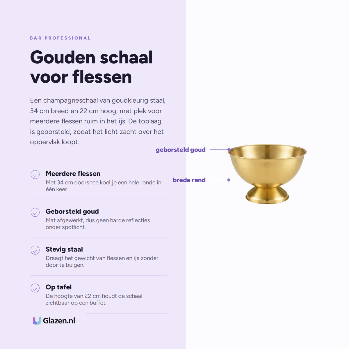 Infographic met de eigenschappen van Bar Professional Champagneschaal Goud 34 Cm