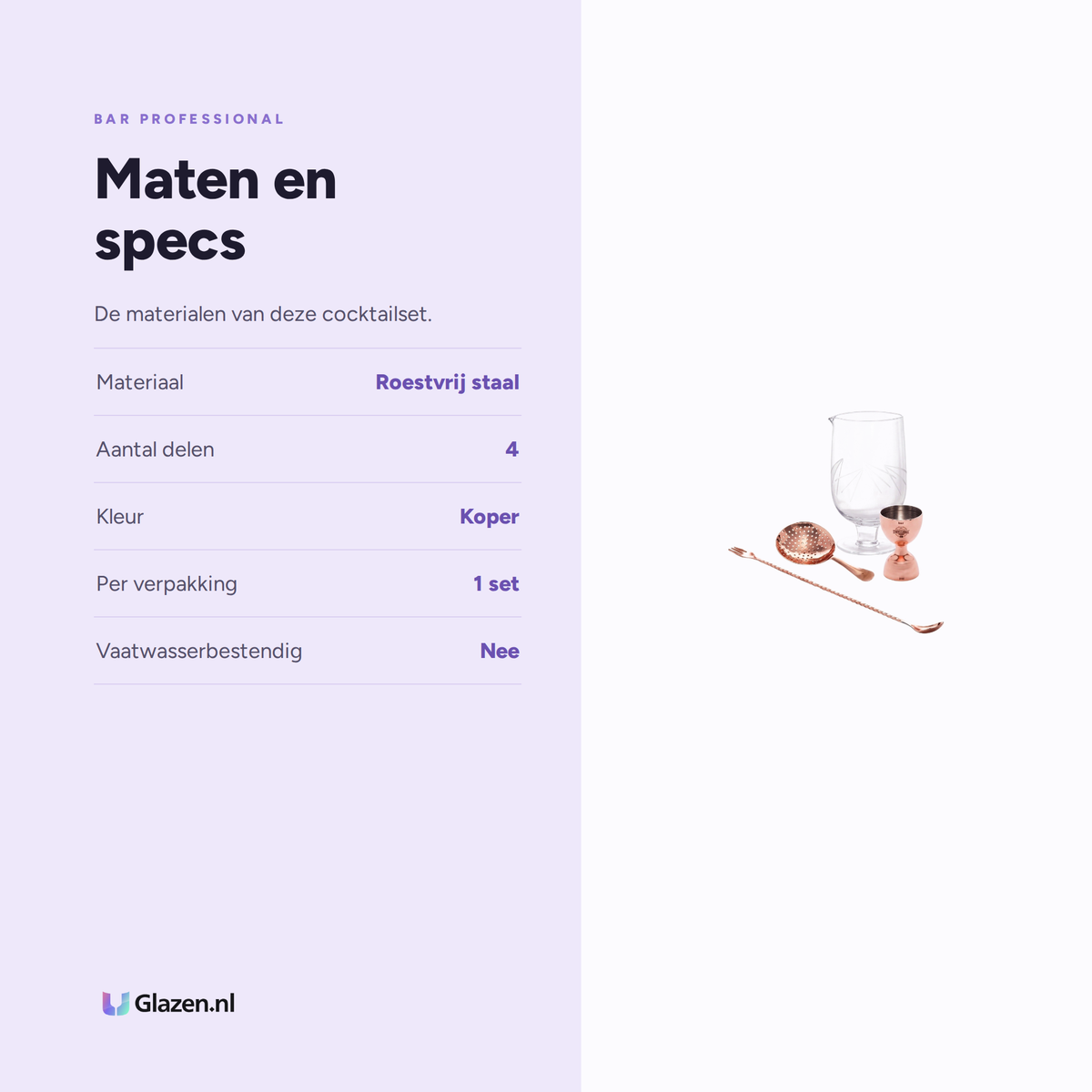 Infographic met de maten en specificaties van Bar Professional Cocktailset Koper 4-Delig