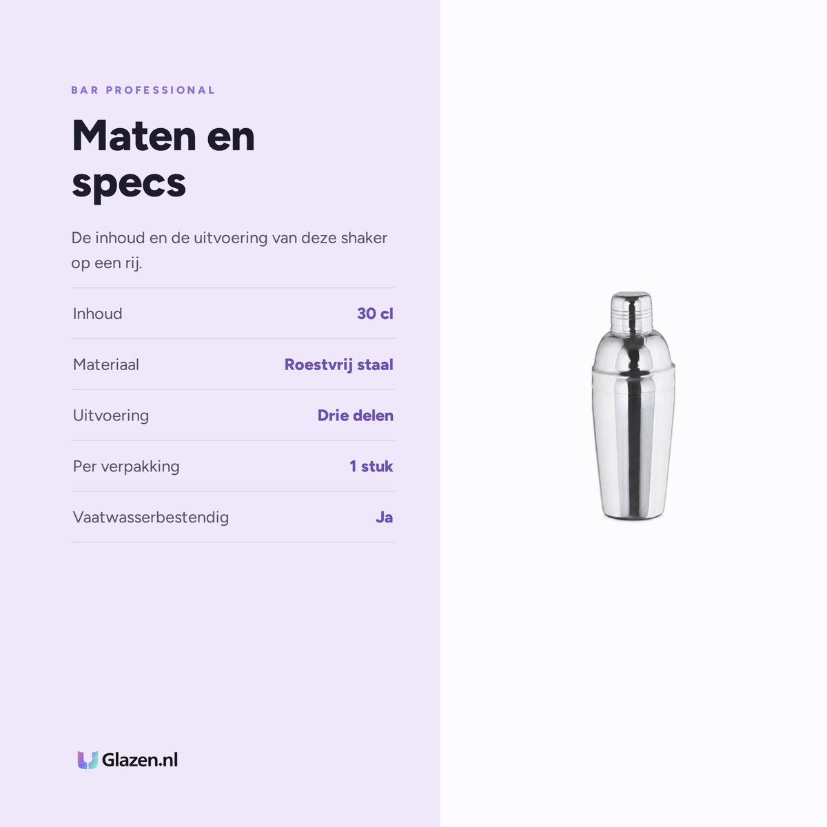 Bar Professional Cocktailshaker 3-Delig RVS 30 Cl, maten en specificaties