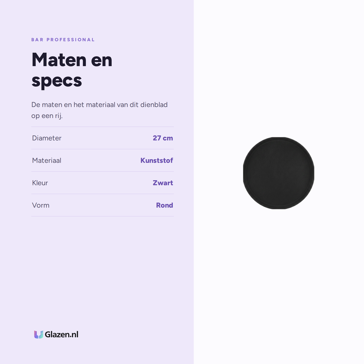 Maten en specificaties van Bar Professional Dienblad Antislip Rond Zwart 27 Cm