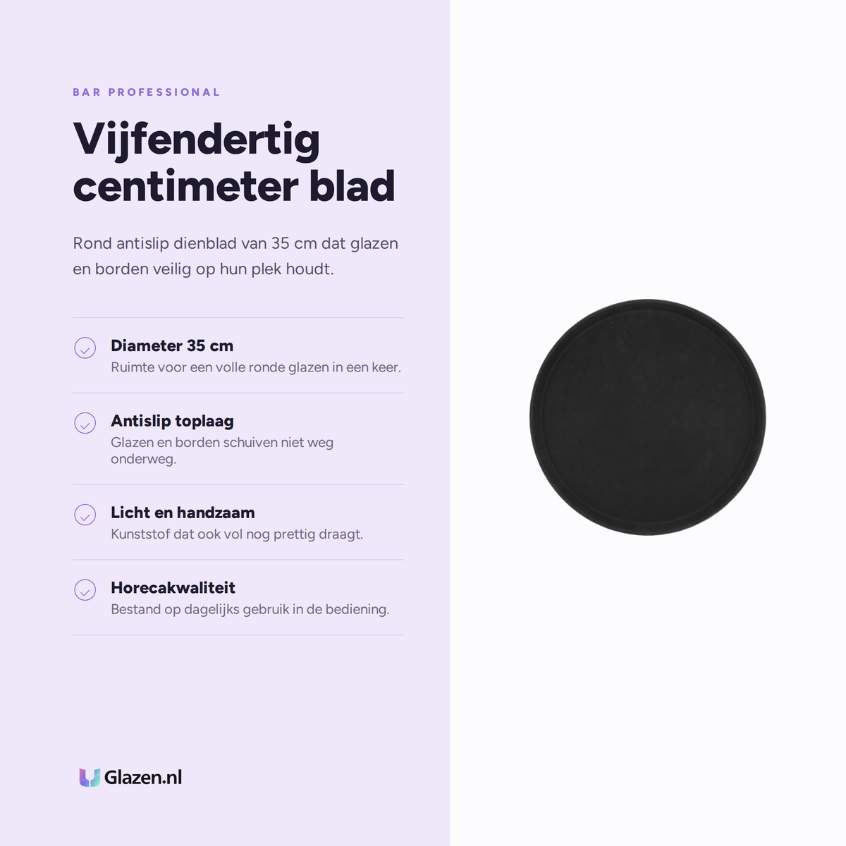 Infographic met de eigenschappen van Bar Professional Dienblad Antislip Zwart 35 cm