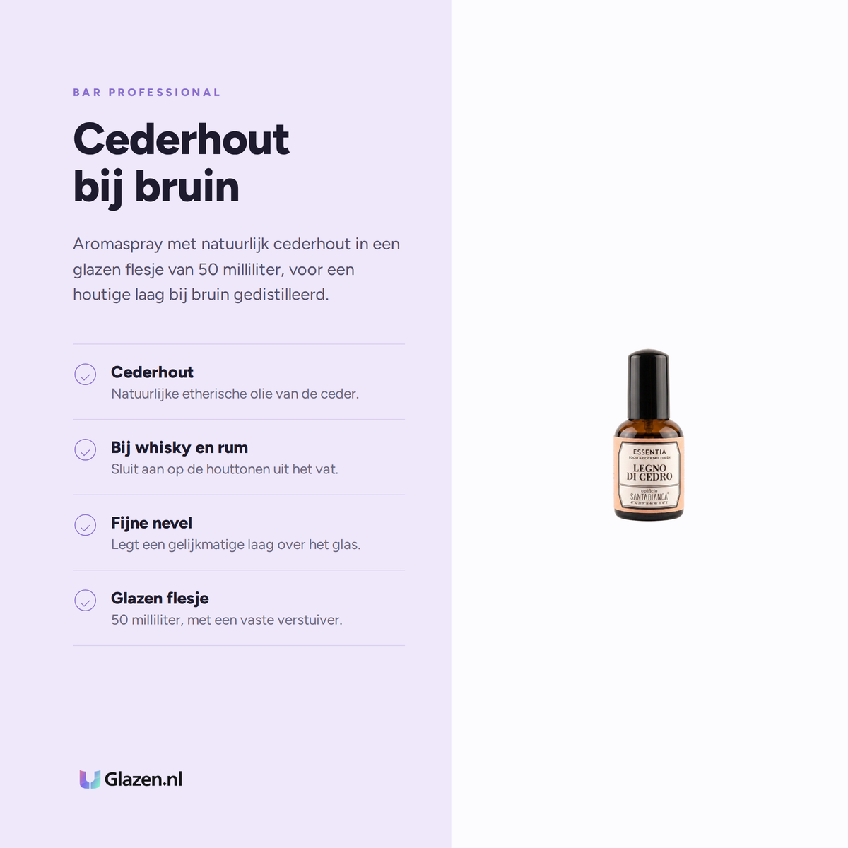 Infographic met de eigenschappen van Bar Professional Essentia Cedar Wood Aroma 50 ml