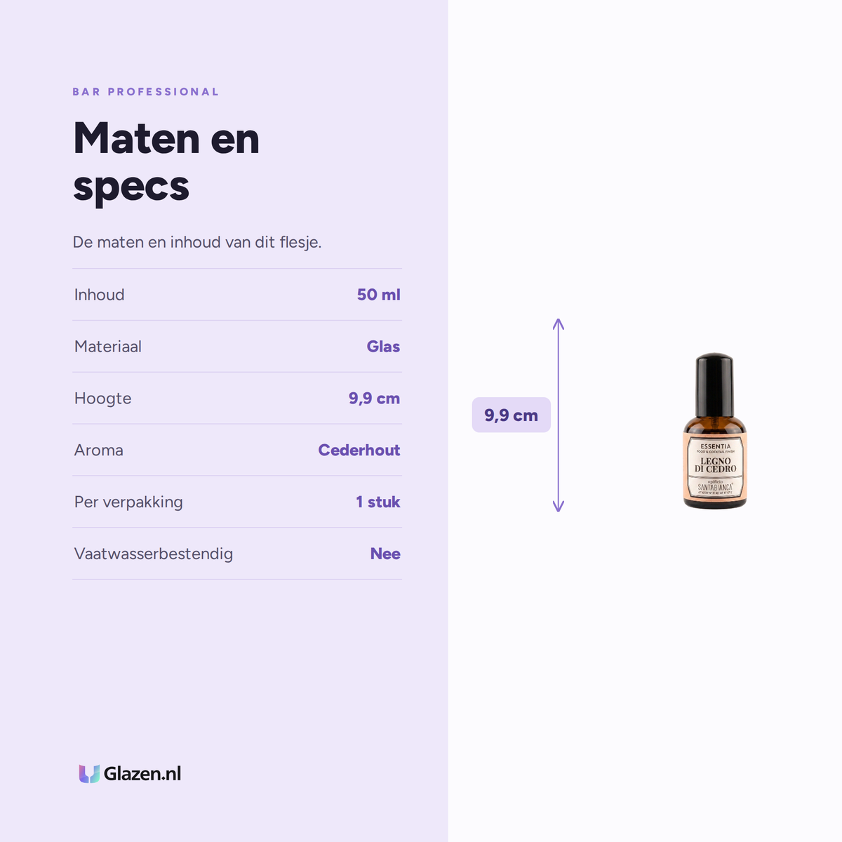 Infographic met de maten en specificaties van Bar Professional Essentia Cedar Wood Aroma 50 ml