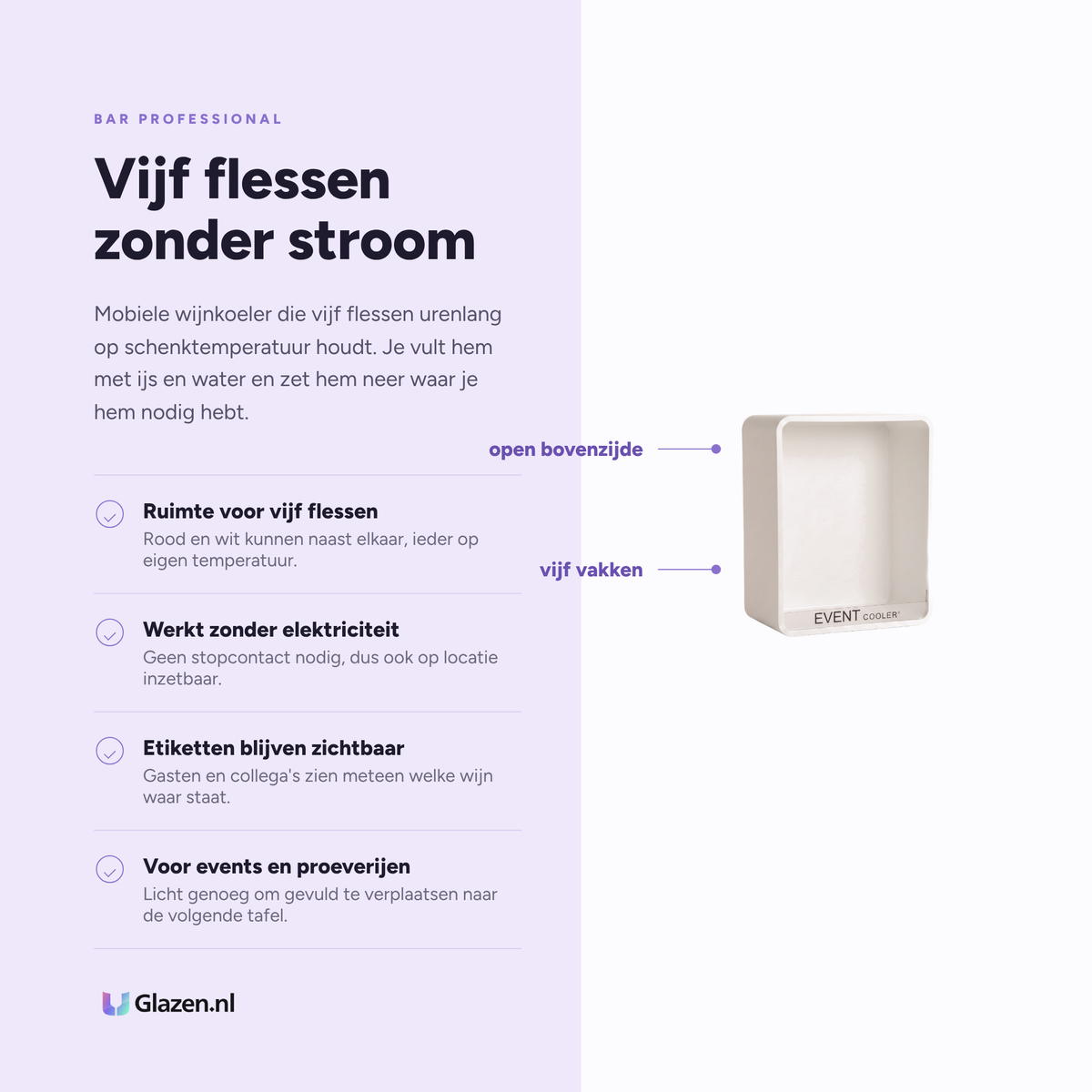 Infographic met de eigenschappen van Bar Professional Eventcooler Vario 5 Wijnkoeler