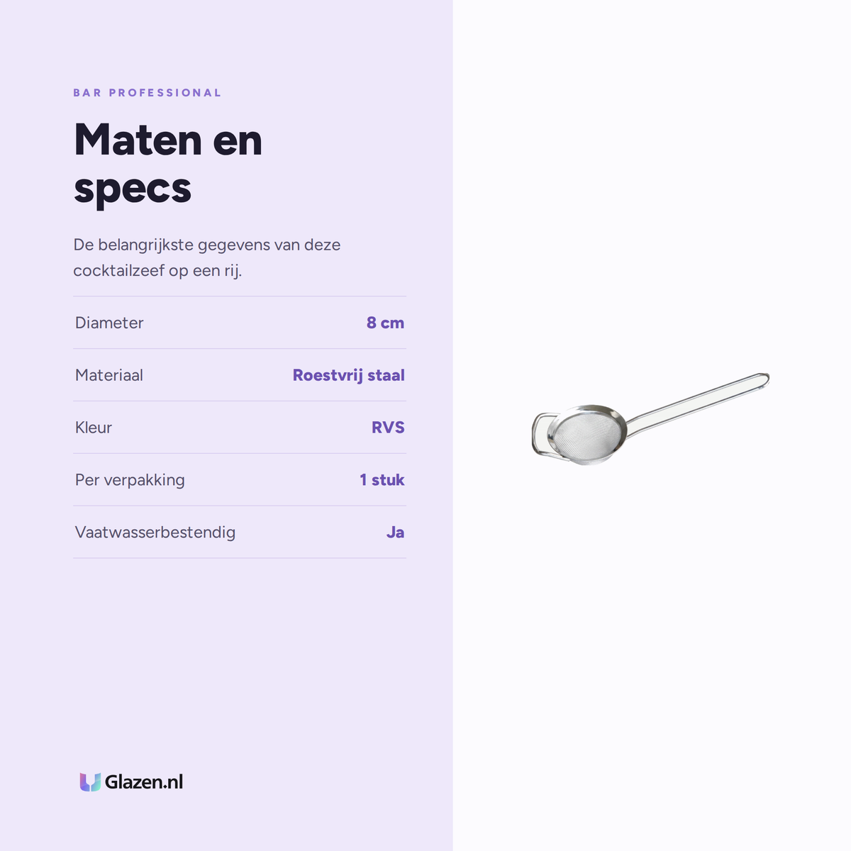 Maten en specificaties van Bar Professional Fijne Cocktailzeef RVS 8 Cm