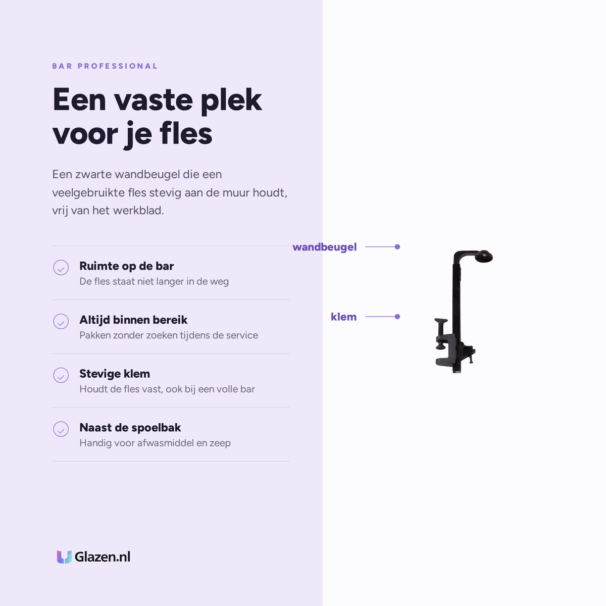 Eigenschappen van de Bar Professional flessenhouder wandbeugel in zwart