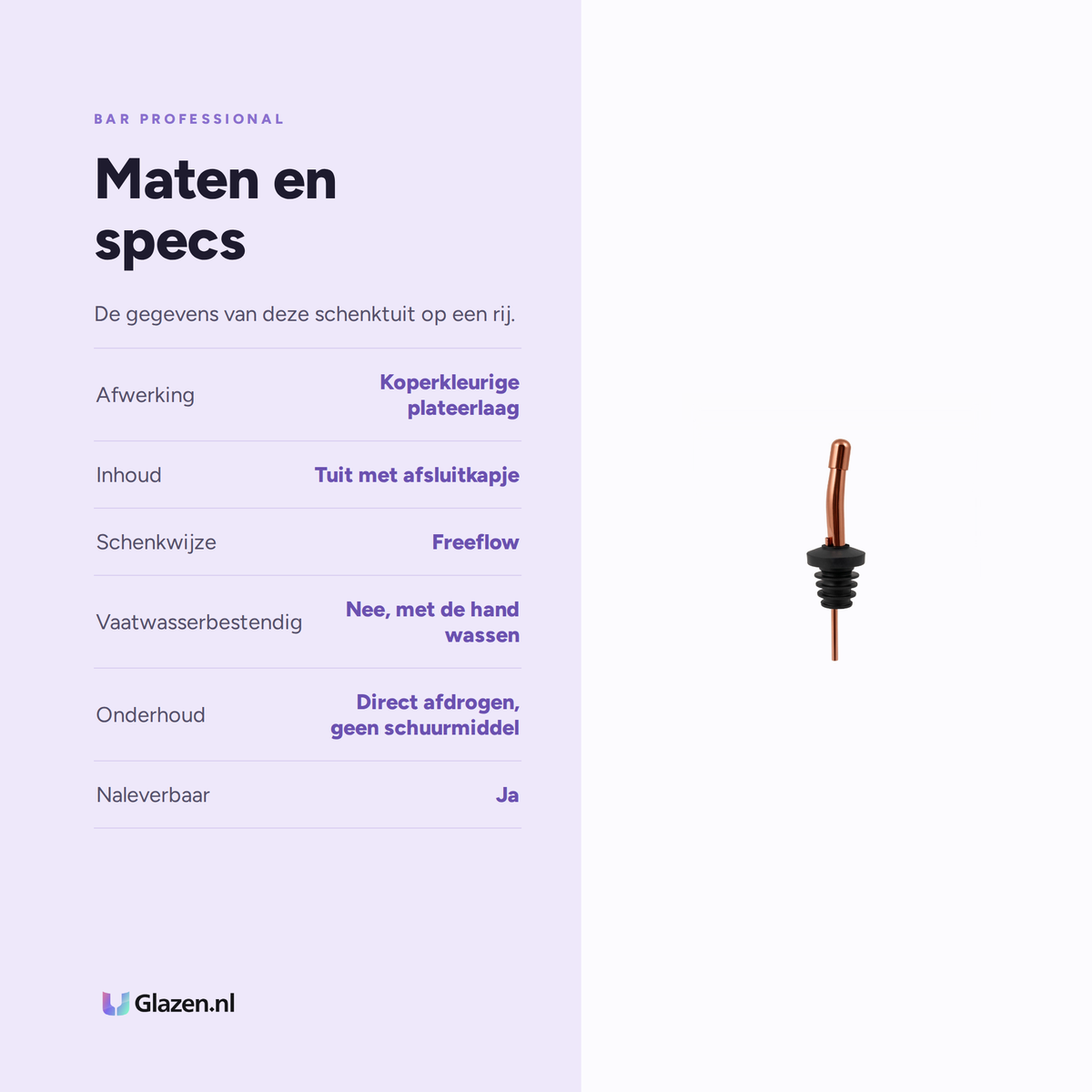 Maten en specificaties van de Bar Professional freeflow schenktuit met dop in zwart en koper