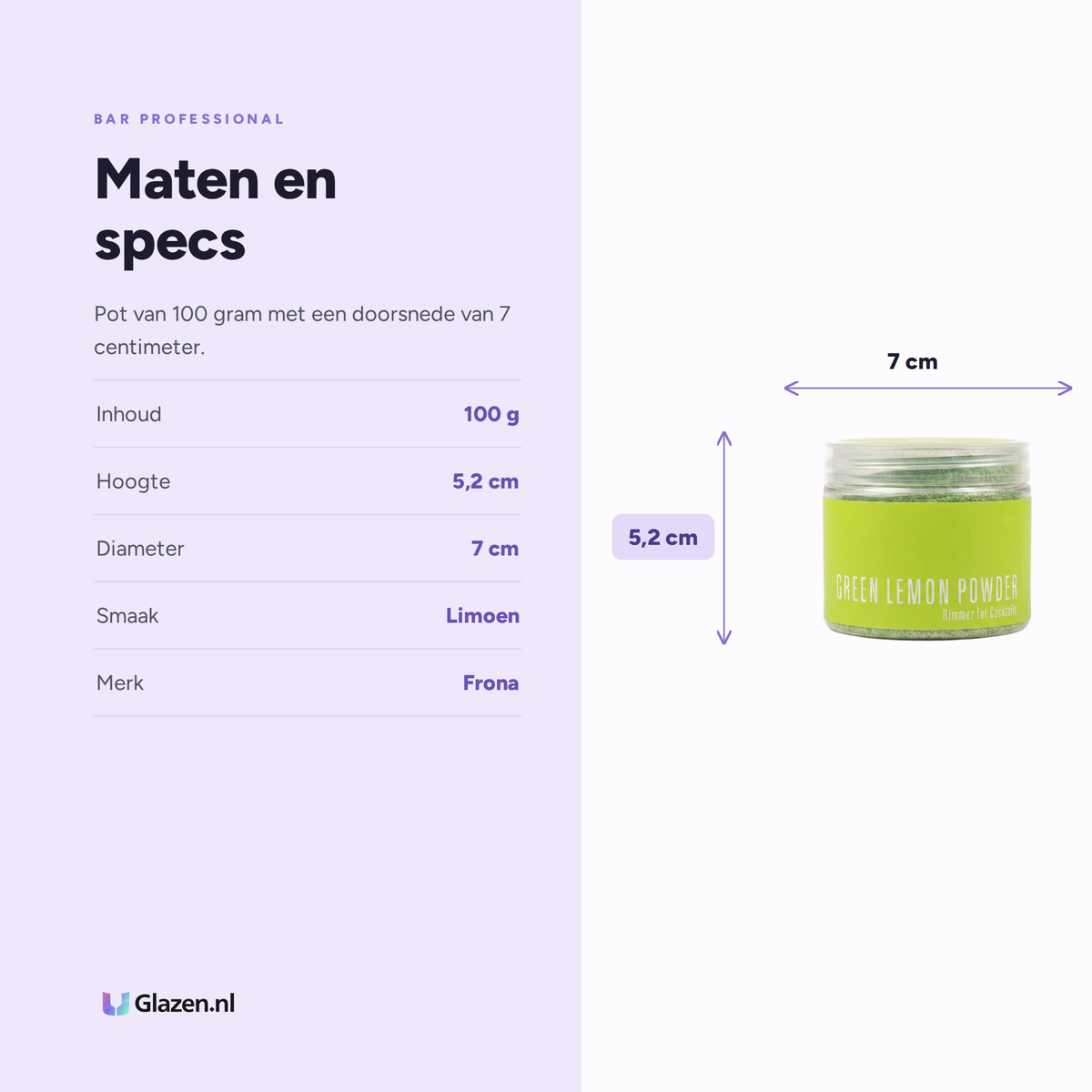 Maten en specificaties van de Frona glasrimmer met limoen van 100 gram