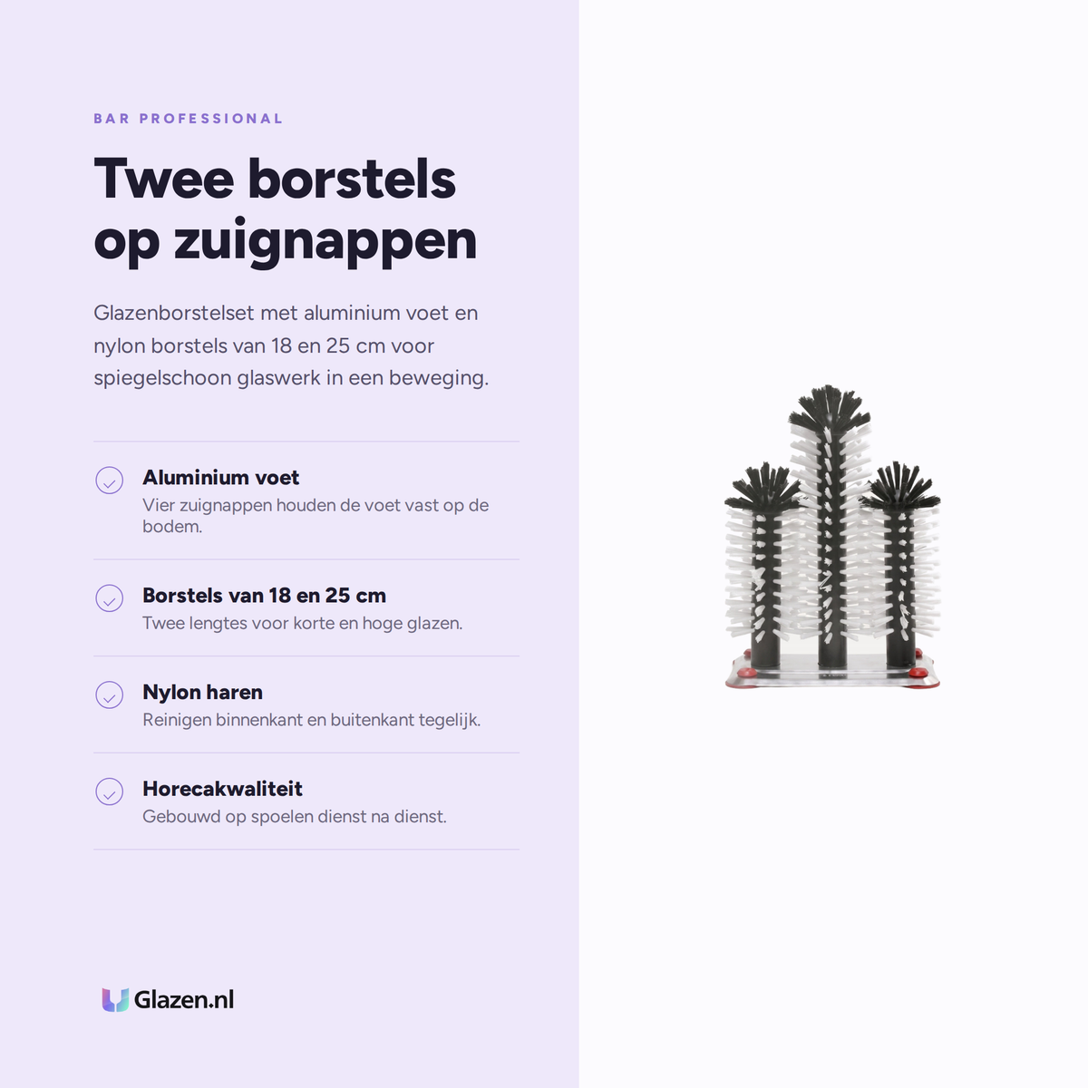 Infographic met de eigenschappen van Bar Professional Glazenborstel Set Aluminium 18/25 cm