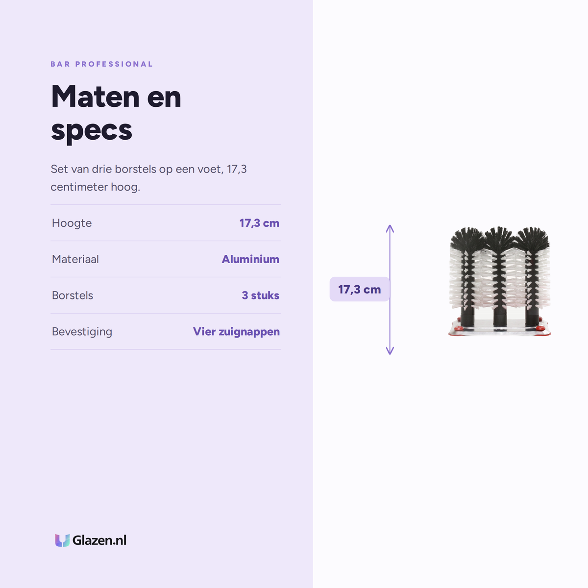 Maten en specificaties van de driedelige glazenspoeler borstelset van Bar Professional