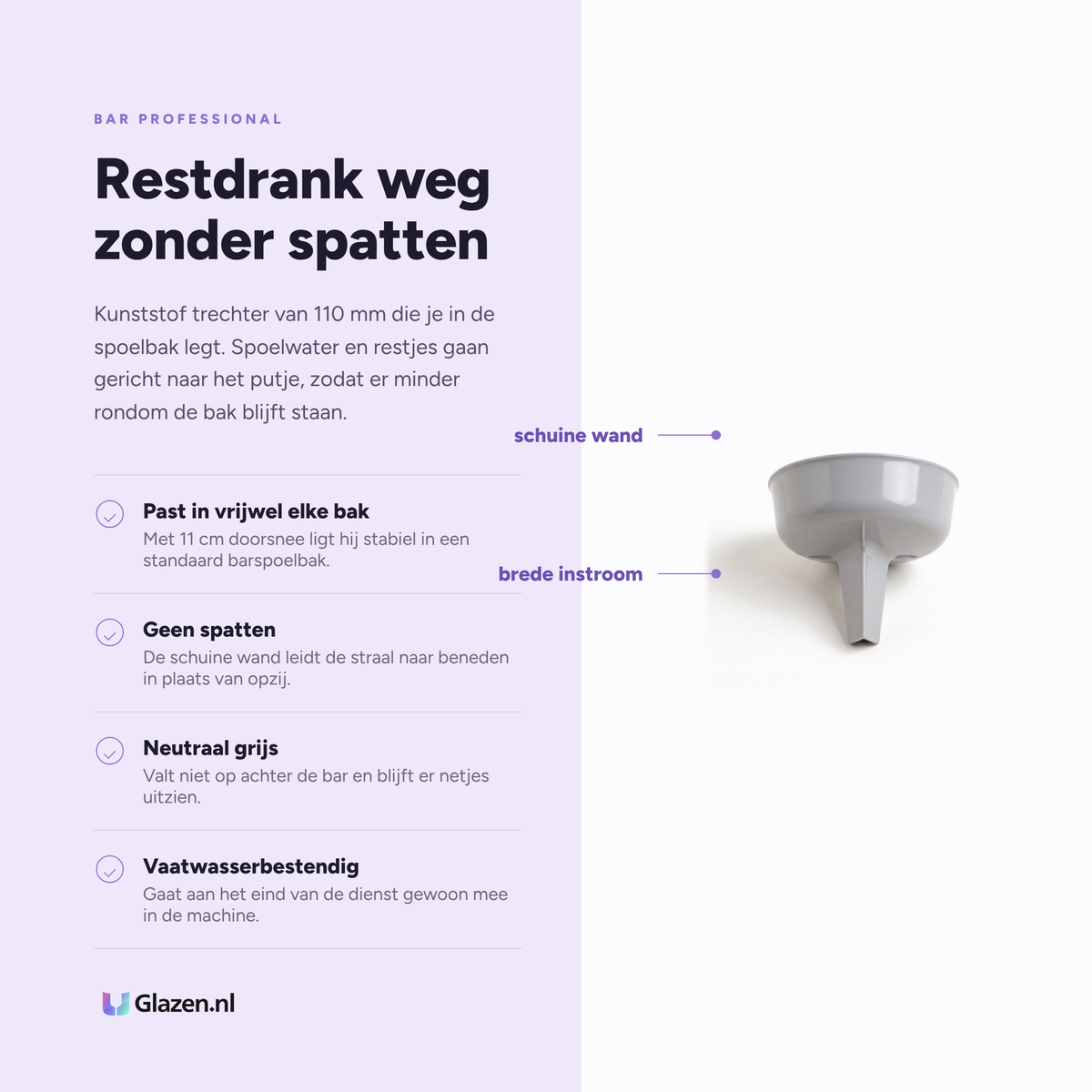 Infographic met de eigenschappen van Bar Professional Gootsteentrechter Grijs 110 mm