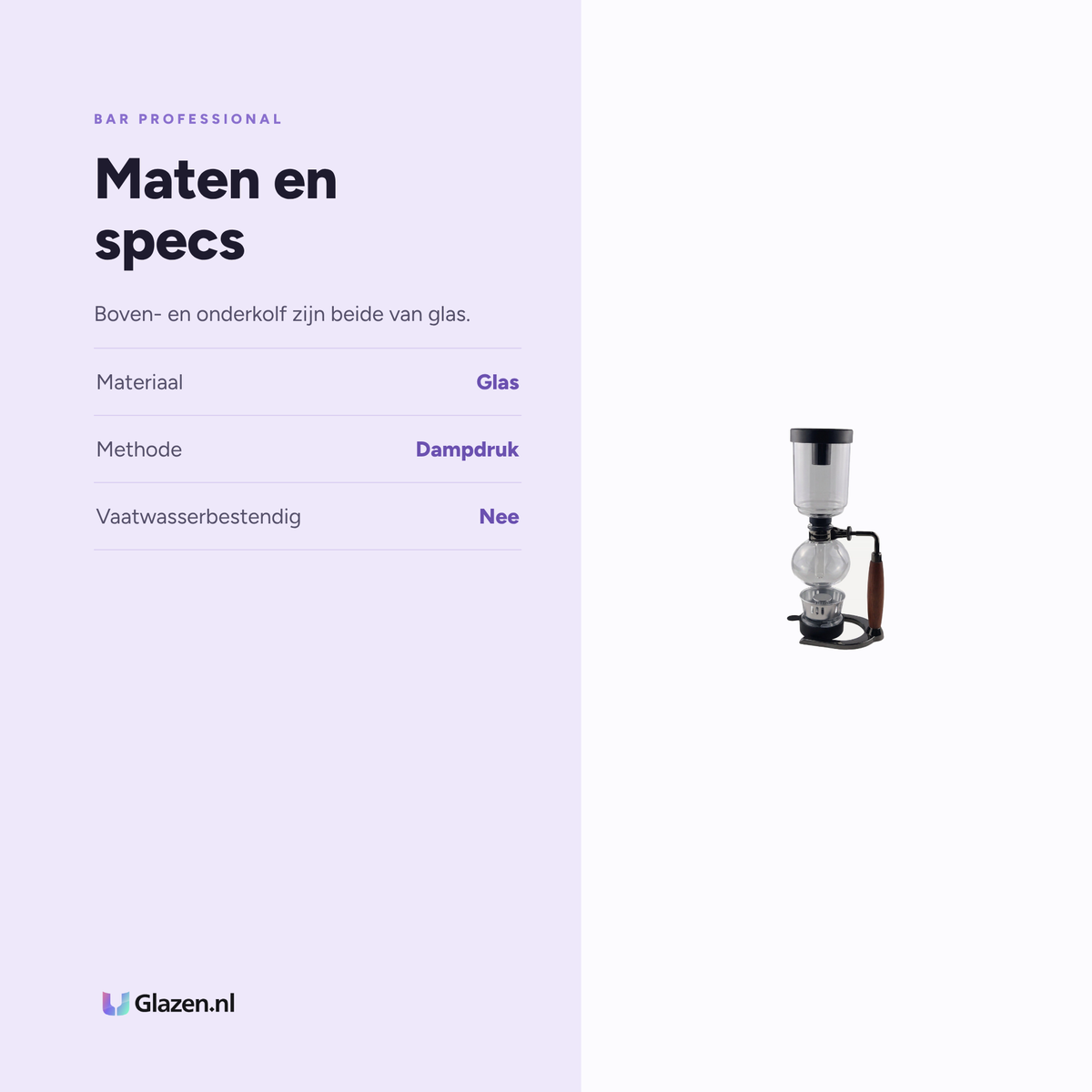 Maten en specificaties van Koffiesyphon Glas van Bar Professional