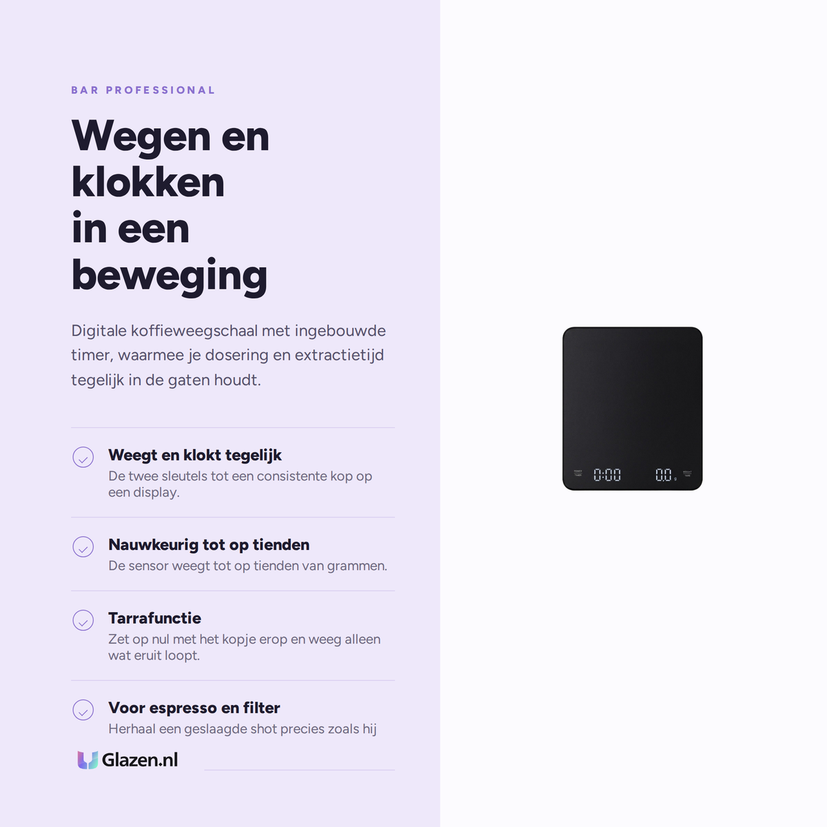 Infographic met de eigenschappen van Bar Professional Koffieweegschaal met Timer
