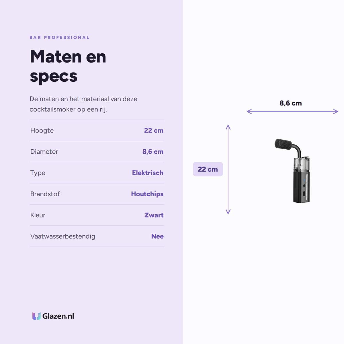 Maten en specs van Bar Professional Lensgo GO Cocktailsmoker Zwart