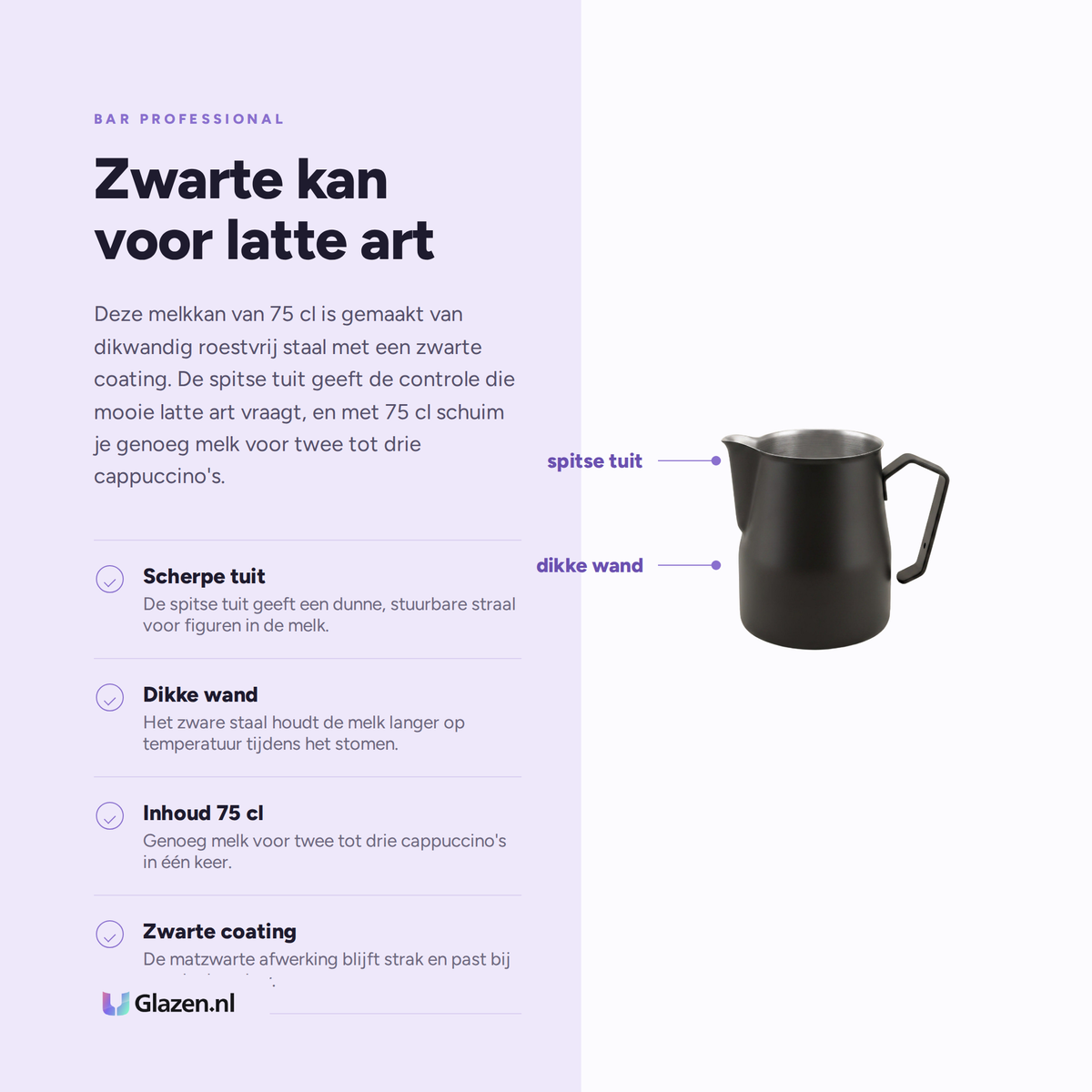 Infographic met de eigenschappen van Bar Professional Melkkan RVS Zwart 75 Cl