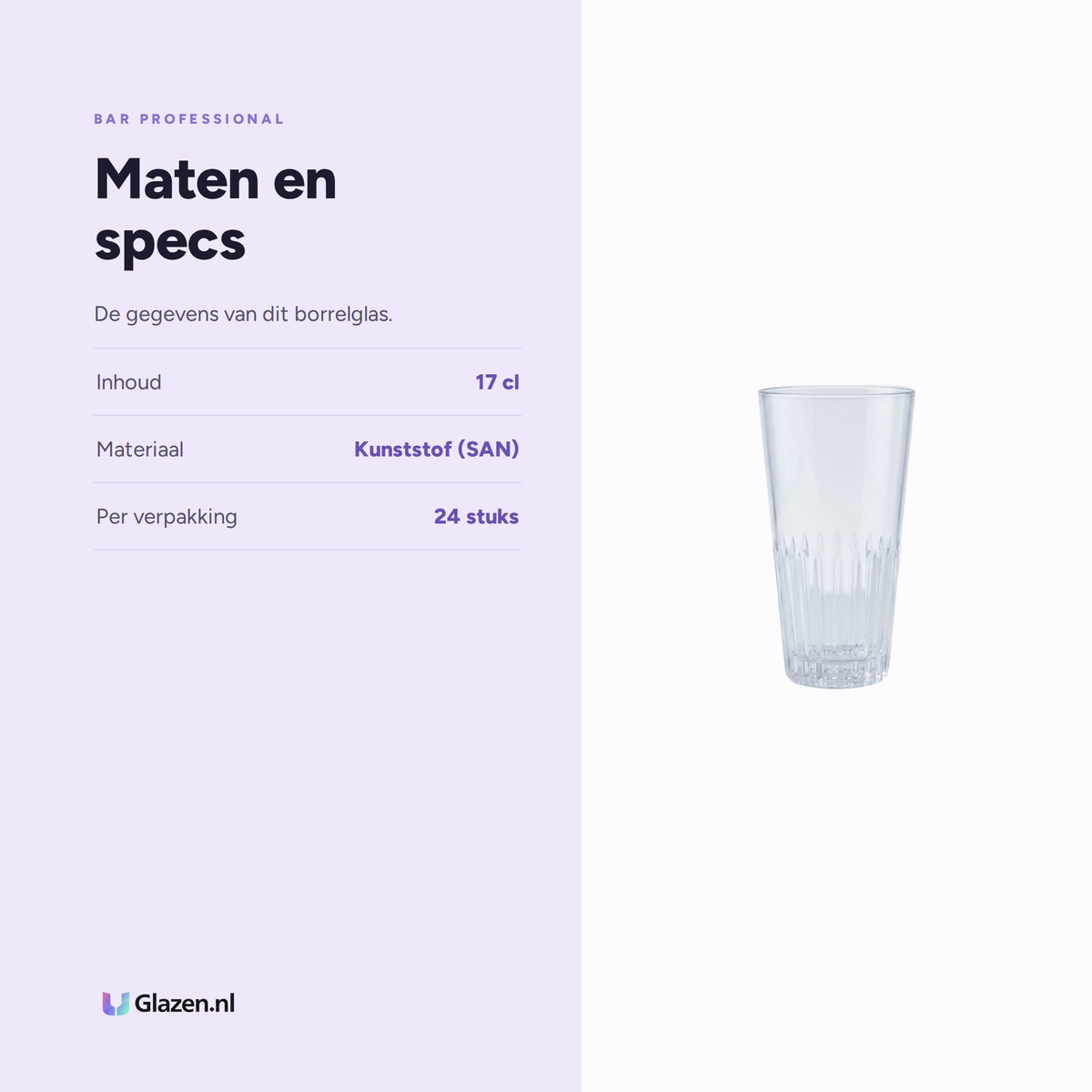 Maten en specs van de Bar Professional Milano Borrelglas Kunststof 17 Cl - 24 Stuks