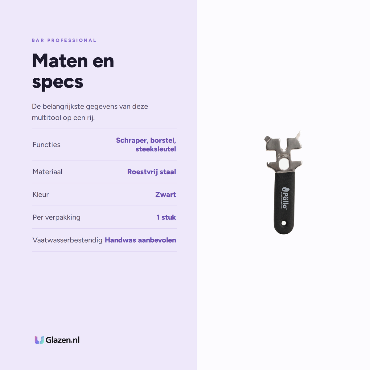 Maten en specificaties van Bar Professional Pällo Barista Multitool Zwart