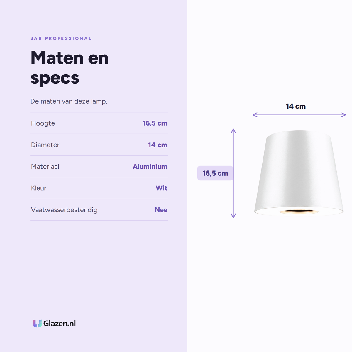 Maten en specificaties van Bar Professional Portable LED Tafellamp Wit