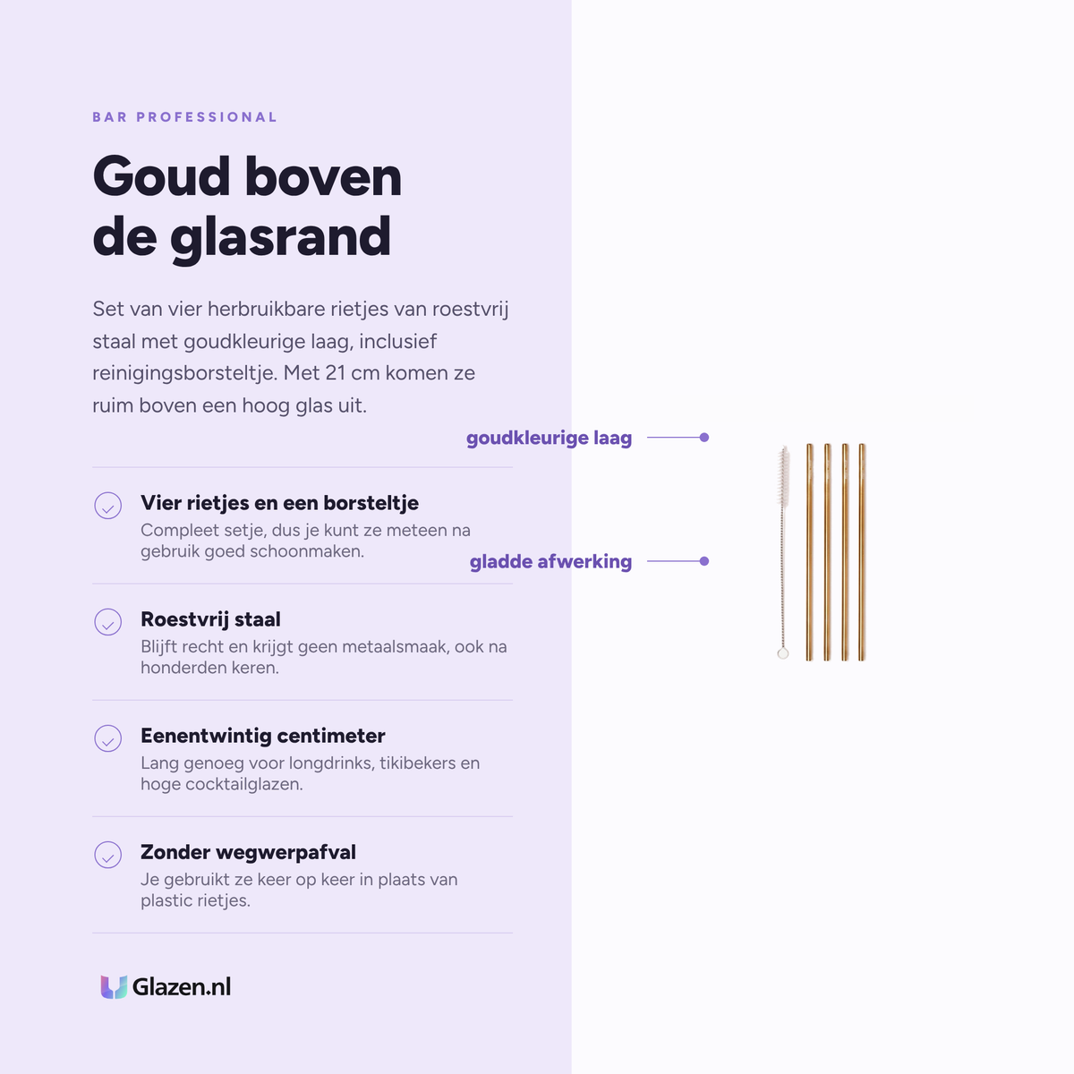 Infographic met de eigenschappen van Bar Professional Rietjes Goud Herbruikbaar 21 cm Set