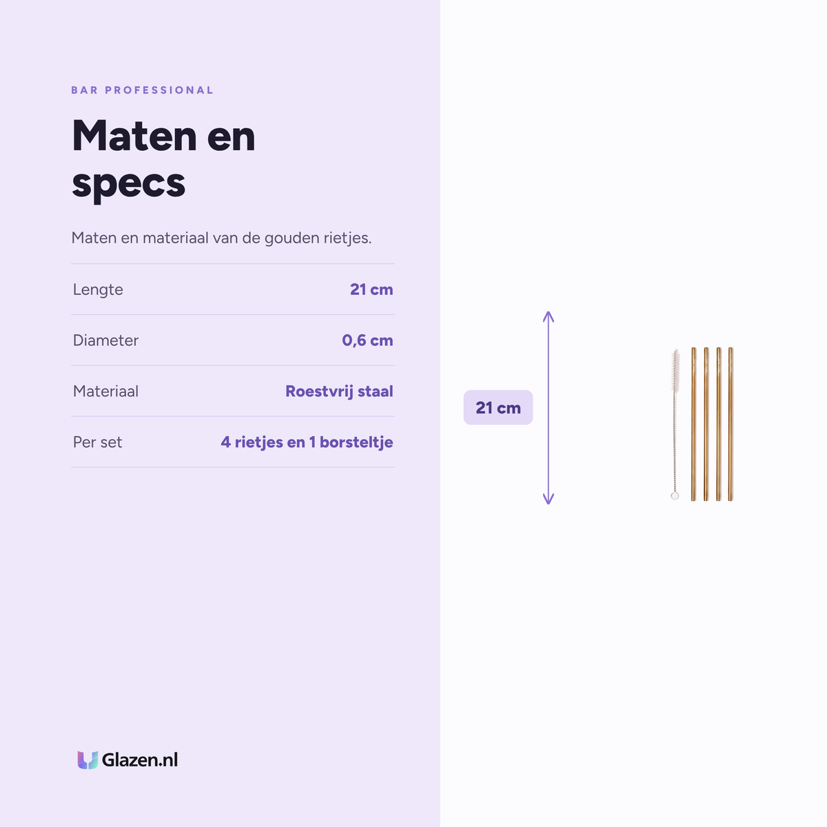 Maten en specificaties van Bar Professional Rietjes Goud Herbruikbaar 21 cm Set