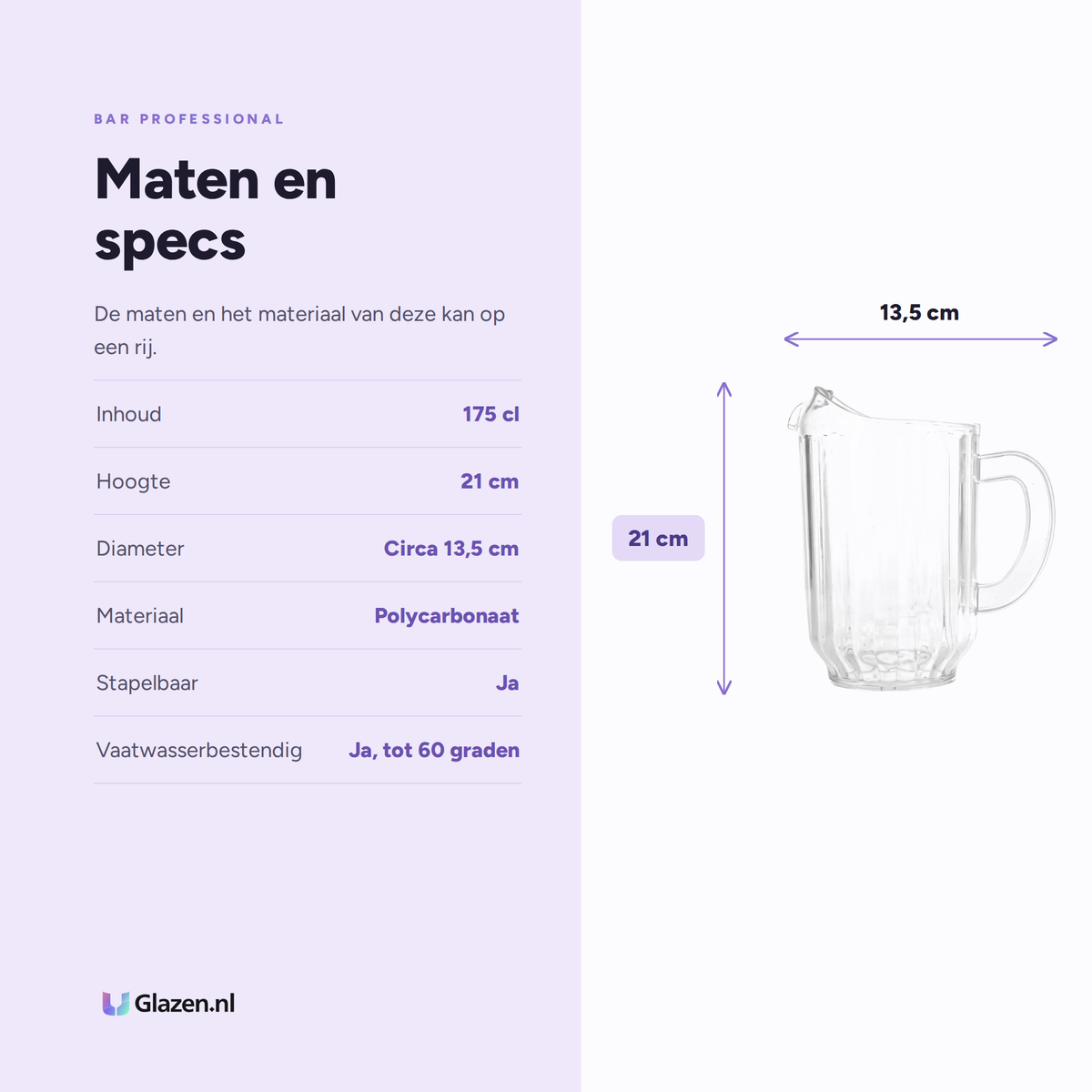 Maten en specs van de Bar Professional Schenkkan Kunststof Transparant 175 Cl