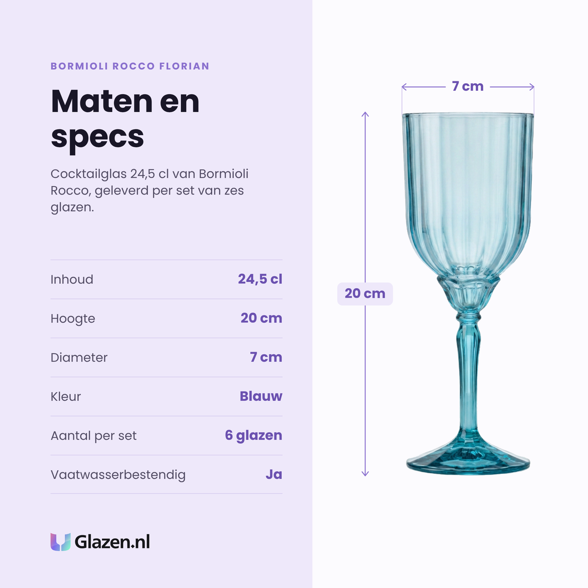 Bormioli Rocco Florian cocktailglas 24,5 cl blauw specificaties: inhoud 24,5 cl, hoogte 20 cm, diameter 7 cm, kleur blauw, set van 6
