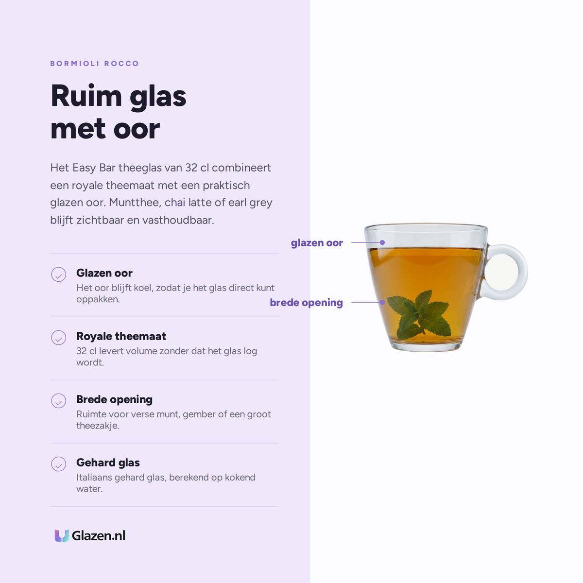 Infographic met de eigenschappen van Bormioli Rocco Easy Bar Theeglas 32 Cl - 12 Stuks