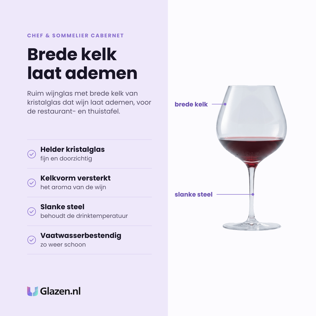 Chef & Sommelier Cabernet Abondant wijnglas 70 cl eigenschappen: helder kristalglas, kelkvorm versterkt het aroma, slanke steel, vaatwasserbestendig