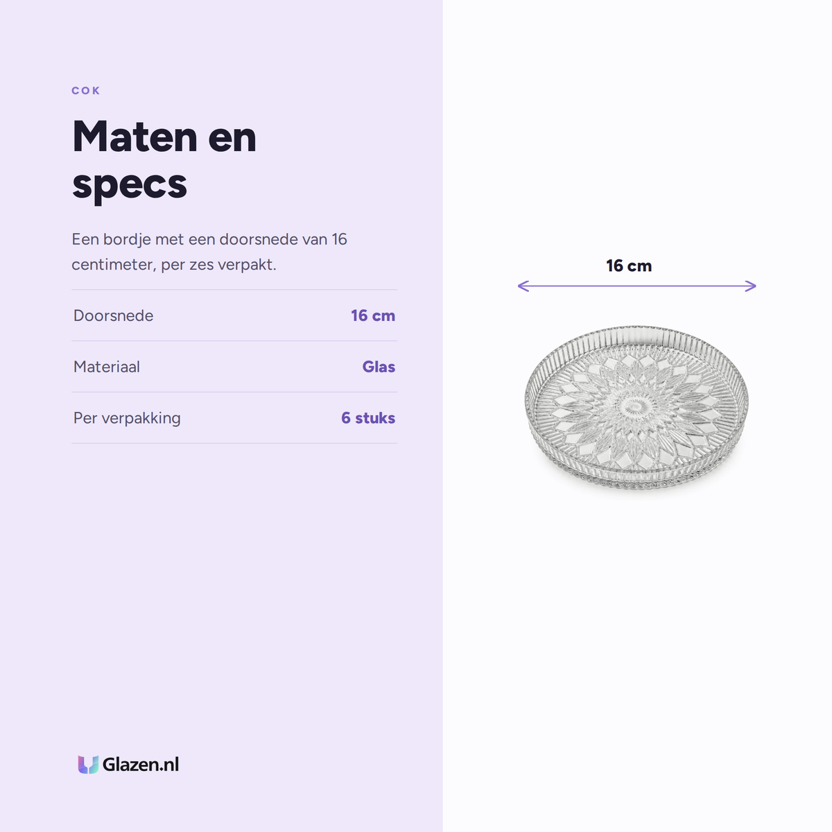 Maten en specificaties van het COK Mandala glazen bord 16 cm