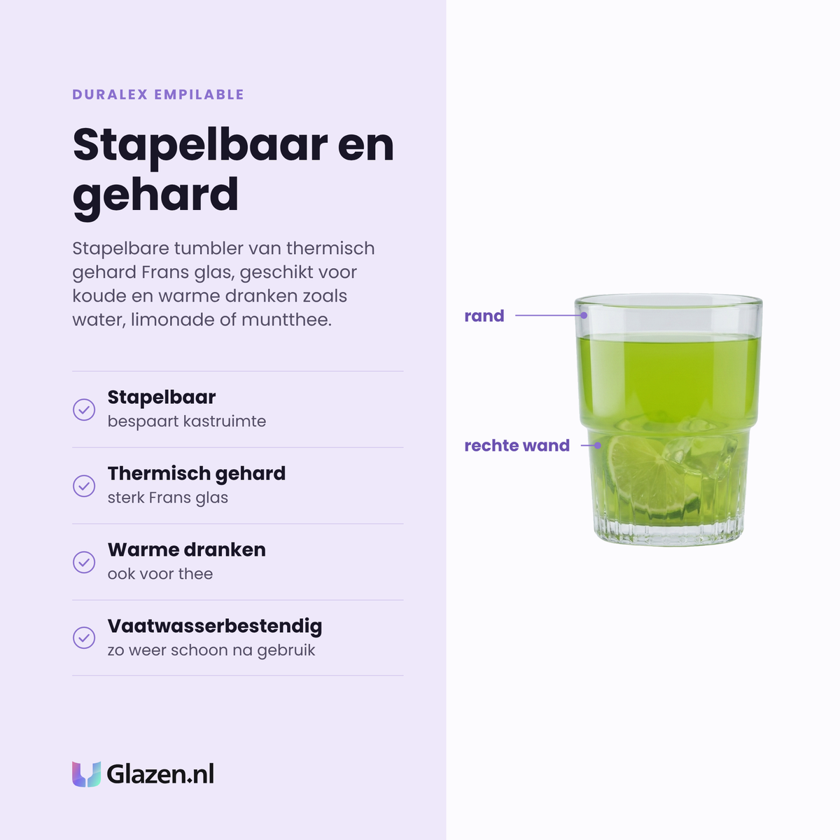 Duralex Empilable tumbler 20 cl eigenschappen: stapelbaar, thermisch gehard Frans glas, geschikt voor warme dranken, vaatwasserbestendig