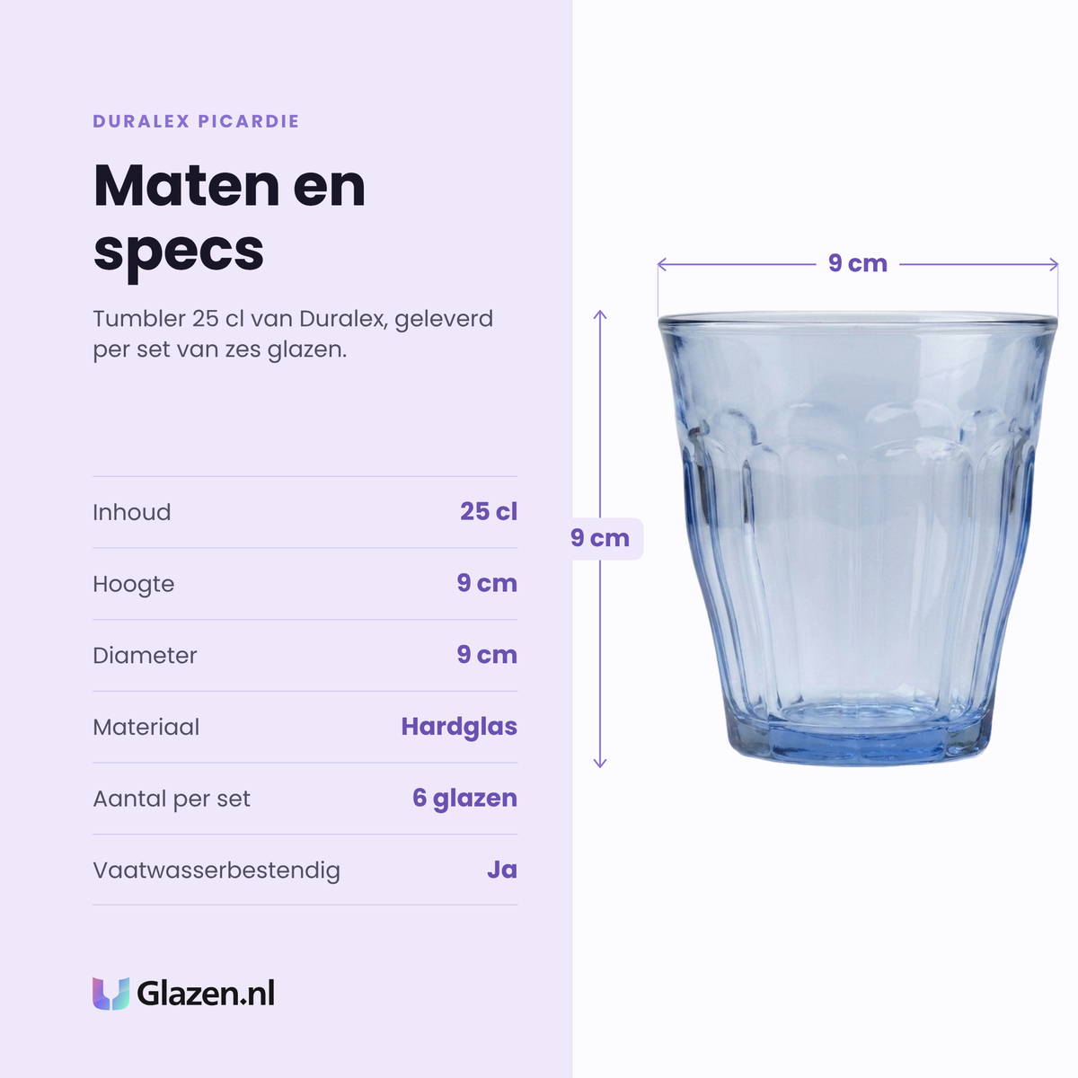 Duralex Picardie tumbler 25 cl specificaties: inhoud 25 cl, hoogte 9 cm, diameter 9 cm, hardglas, set van 6