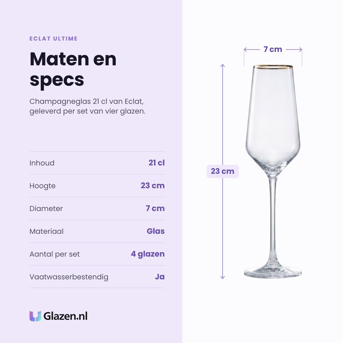 Eclat Ultime champagneglas 21 cl specificaties: inhoud 21 cl, hoogte 23 cm, diameter 7 cm, glas, set van 4
