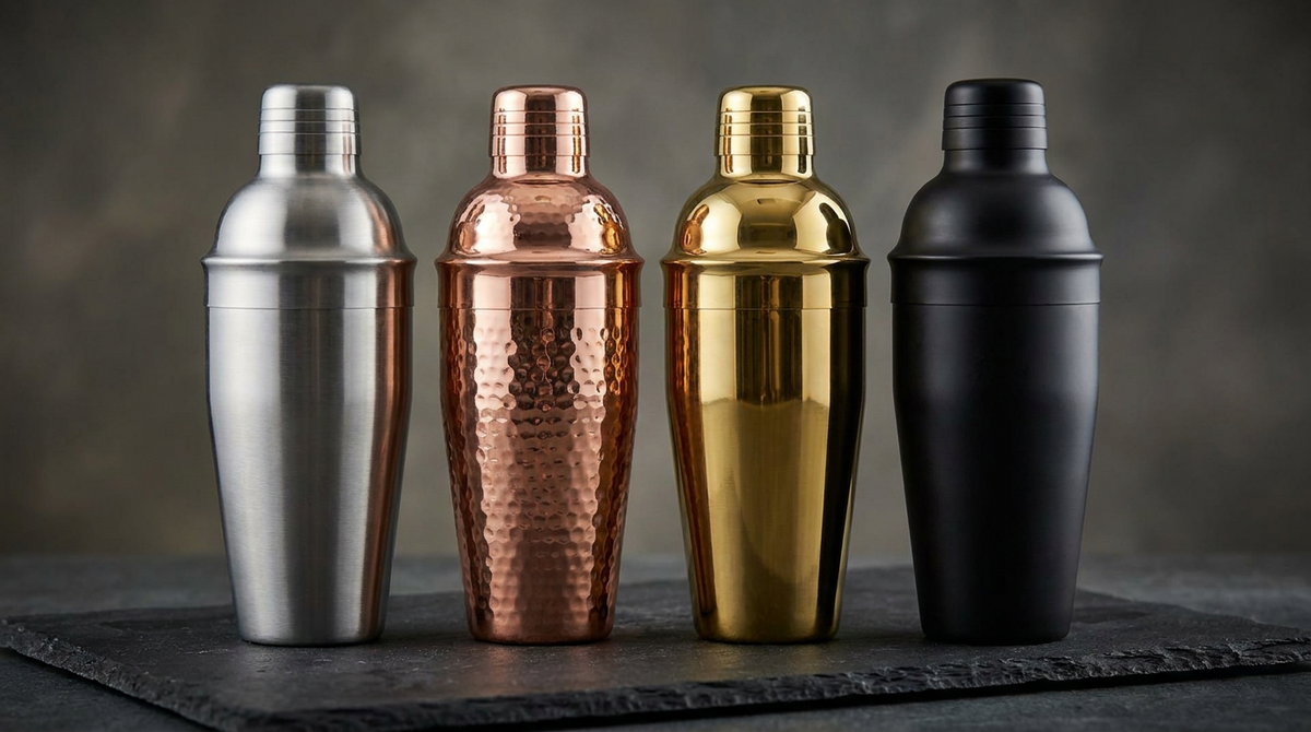 Vier cobbler shakers in RVS, koper, goud en zwart naast elkaar