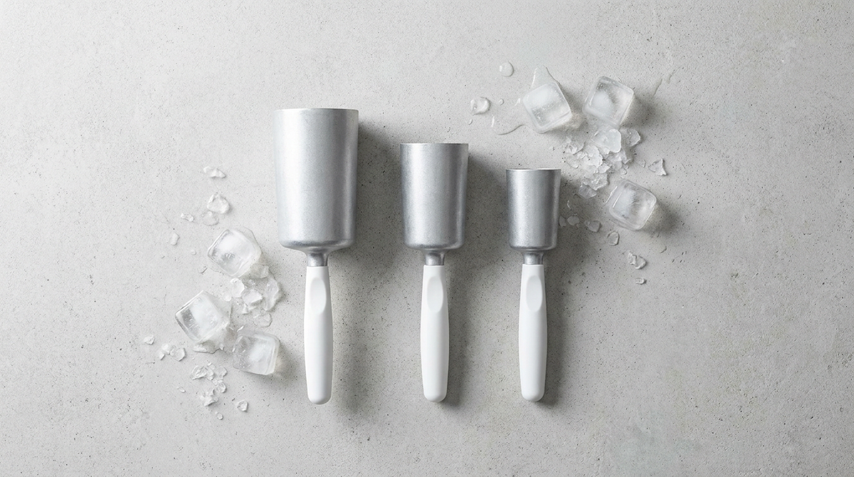Drie ijsscheppen in verschillende maten, aluminium en kunststof, met losse ijsblokjes