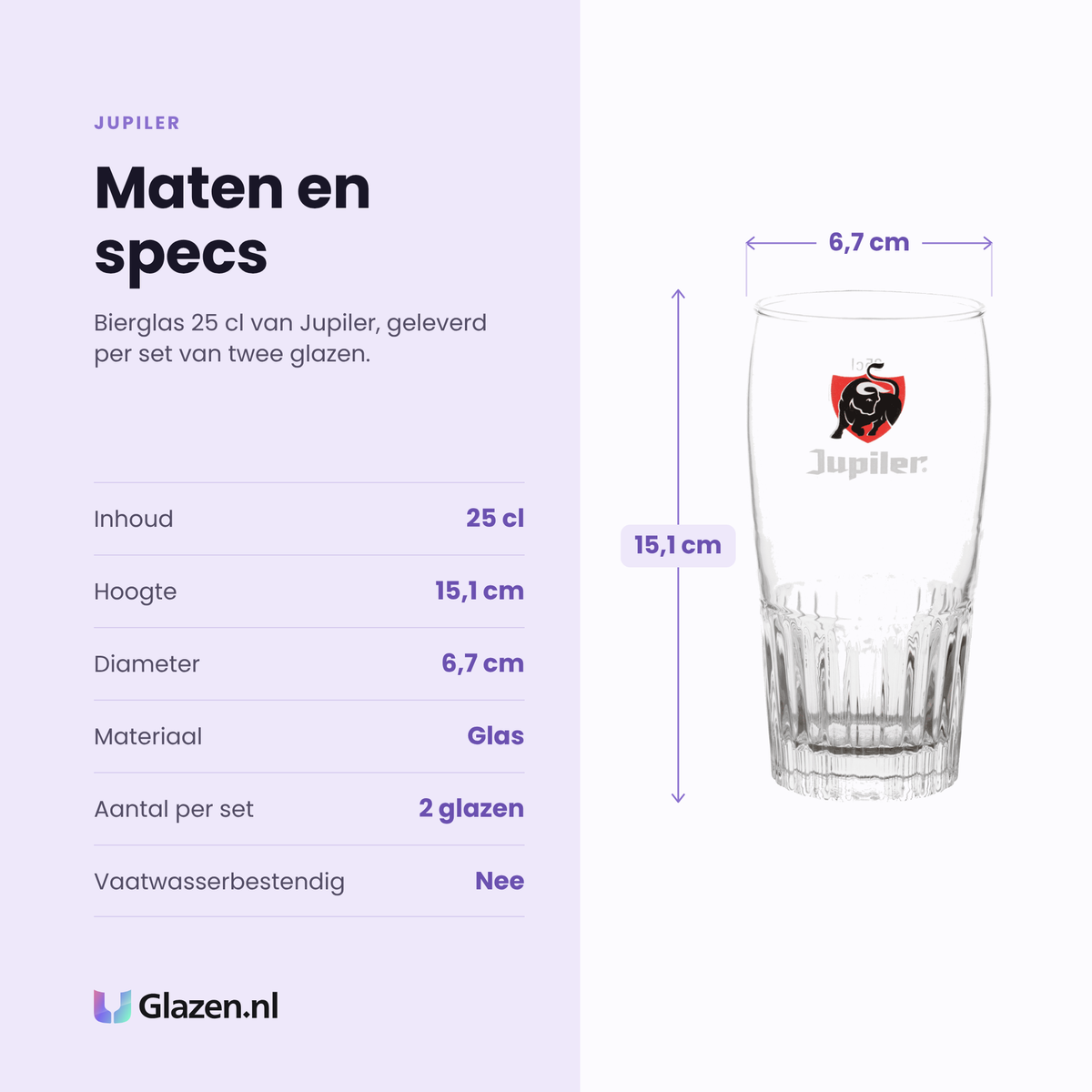 Jupiler bierglas 25 cl specificaties: inhoud 25 cl, hoogte 15,1 cm, diameter 6,7 cm, glas, set van 2