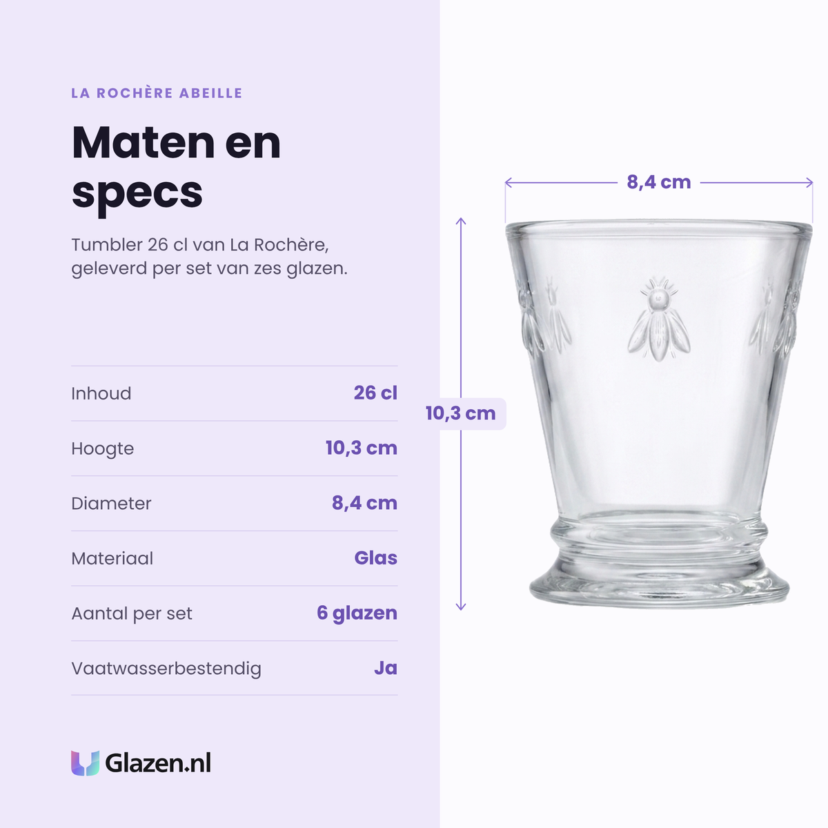 La Rochère Abeille tumbler 26 cl specificaties: inhoud 26 cl, hoogte 10,3 cm, diameter 8,4 cm, glas, set van 6
