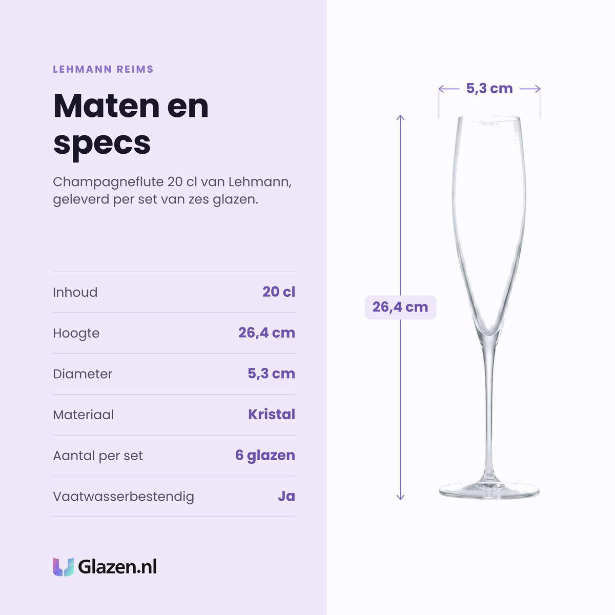 Lehmann Reims champagneflute 20 cl specificaties: inhoud 20 cl, hoogte 26,4 cm, diameter 5,3 cm, kristal, set van 6
