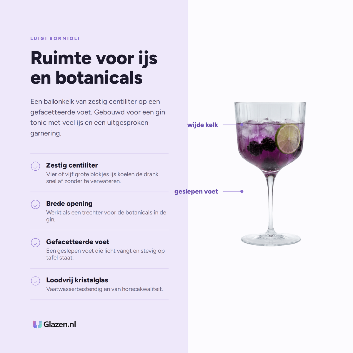 Eigenschappen van het Luigi Bormioli Bach ginglas van 60 cl met wijde kelk en geslepen voet