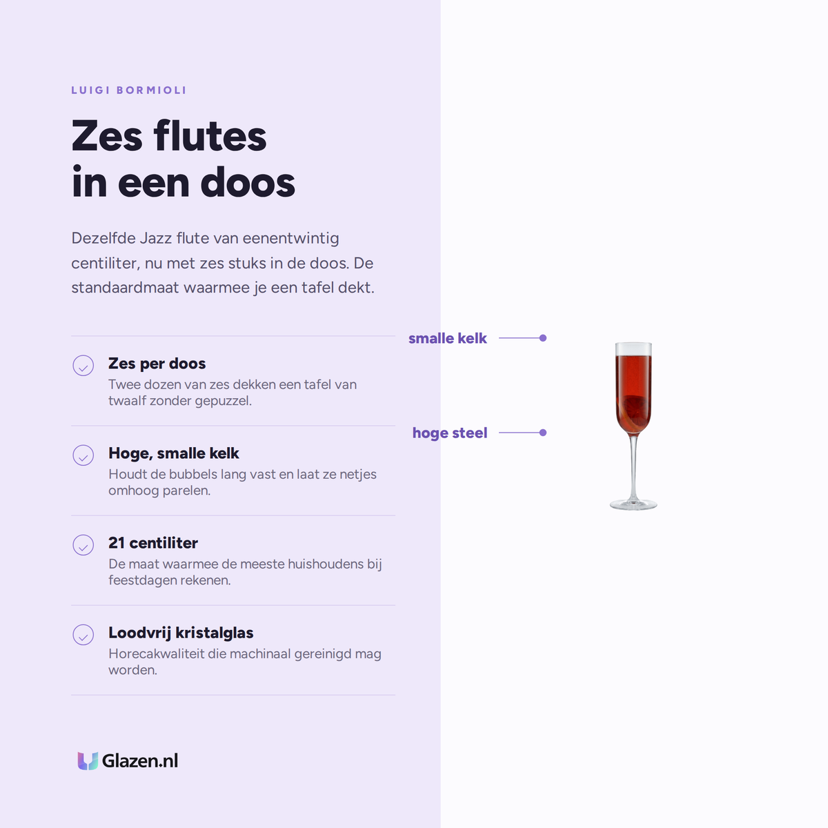 Luigi Bormioli Mixology Jazz Flute 21 cl set van zes eigenschappen