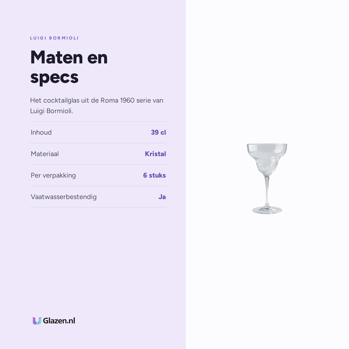 Maten en specs van Luigi Bormioli Roma 1960 Cocktailglas 39 Cl Margarita